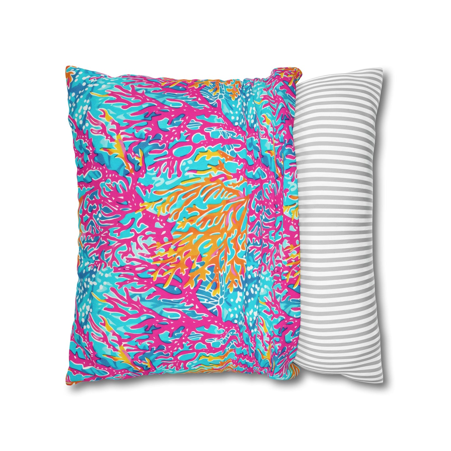 Coral Symphony: Bright Pink, Yellow, and Coral Dancing in the Blue Ocean Spun Polyester Square Pillowcase 4 Sizes