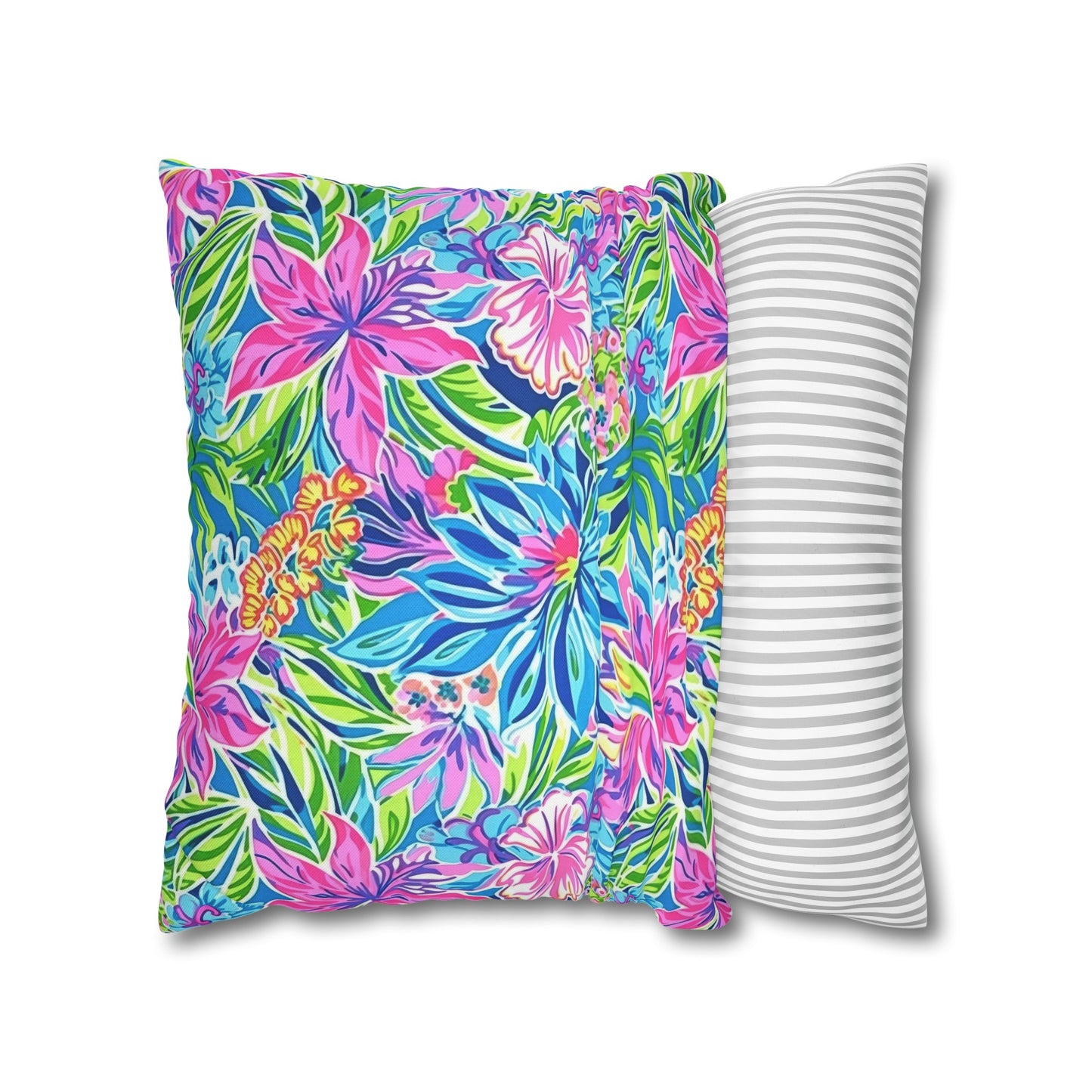 Summer Harmony: Pink and Blue Blooms with Lush Green Leaves Spun Polyester Square Pillowcase 4 Sizes