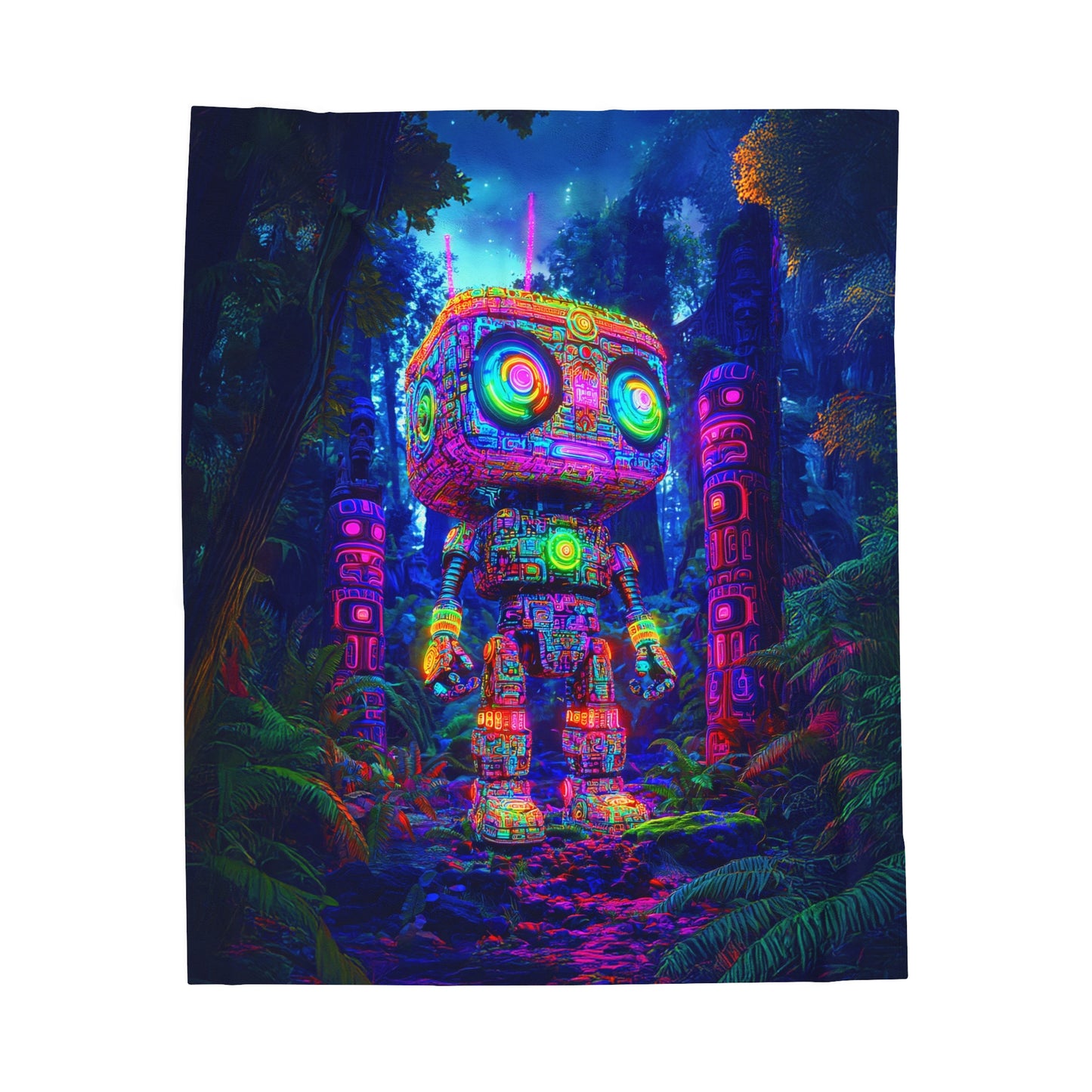 Vibrant Robotic Sentinel Amidst the Mystic Wilderness Velveteen Plush Blanket 3 Sizes