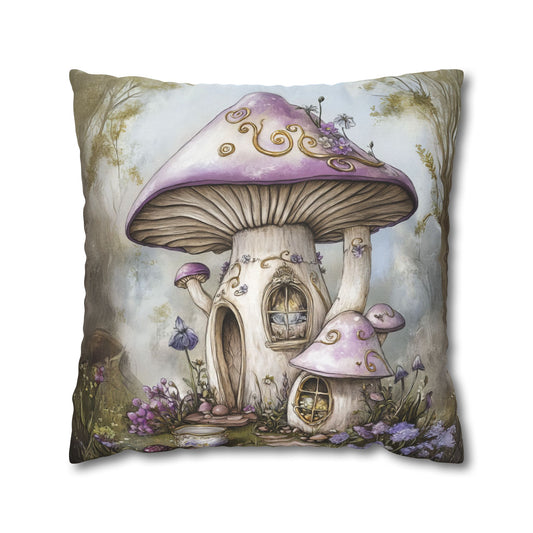 Lavender Mushroom Cottage Nestled in a Blooms of Enchantment Spun Polyester Square Pillowcase 4 Sizes