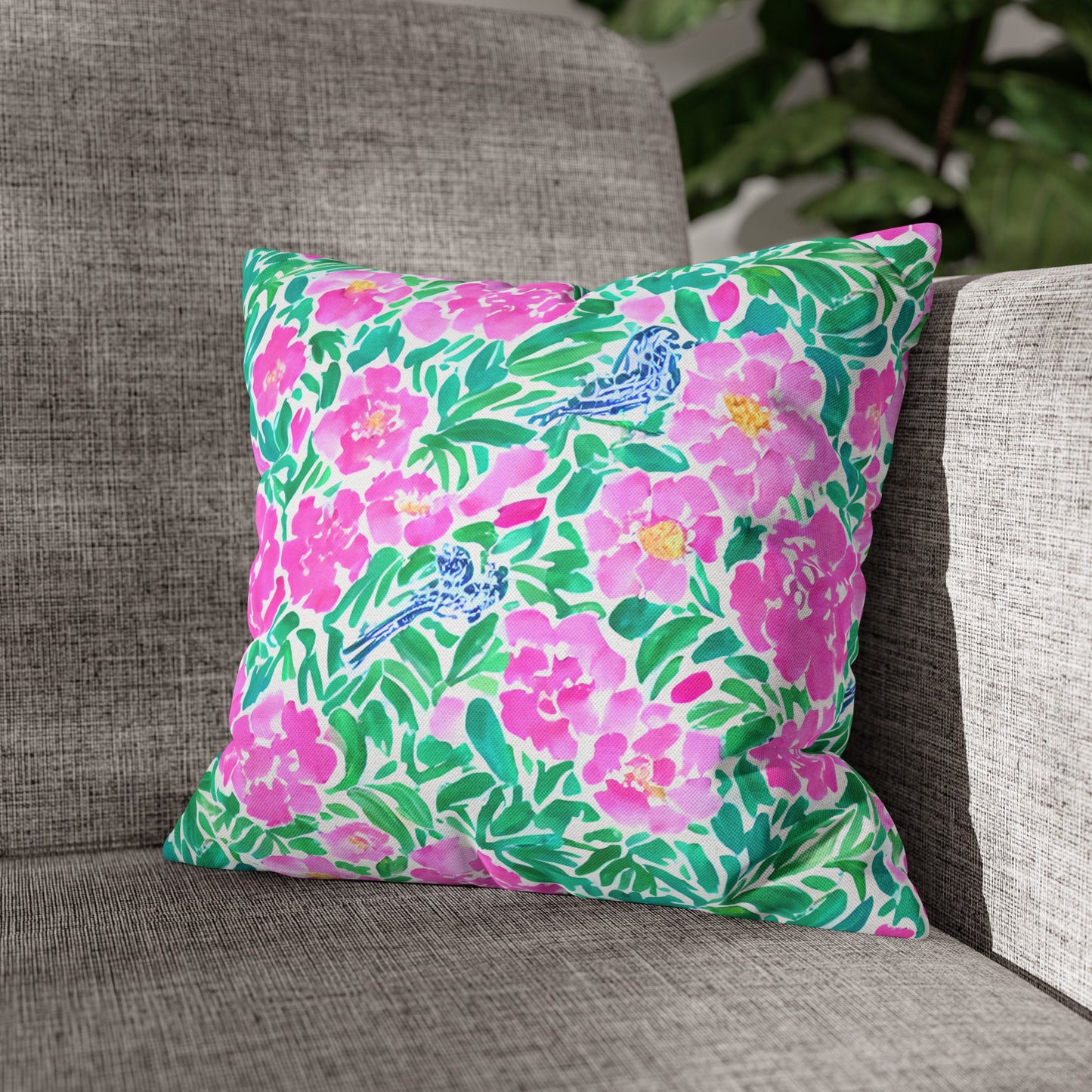 Springtime Whispers: Tiny Birds and Pink Blooms, Subtle Blue Accents, and Lush Green Leaves Spun Polyester Square Pillowcase 4 Sizes