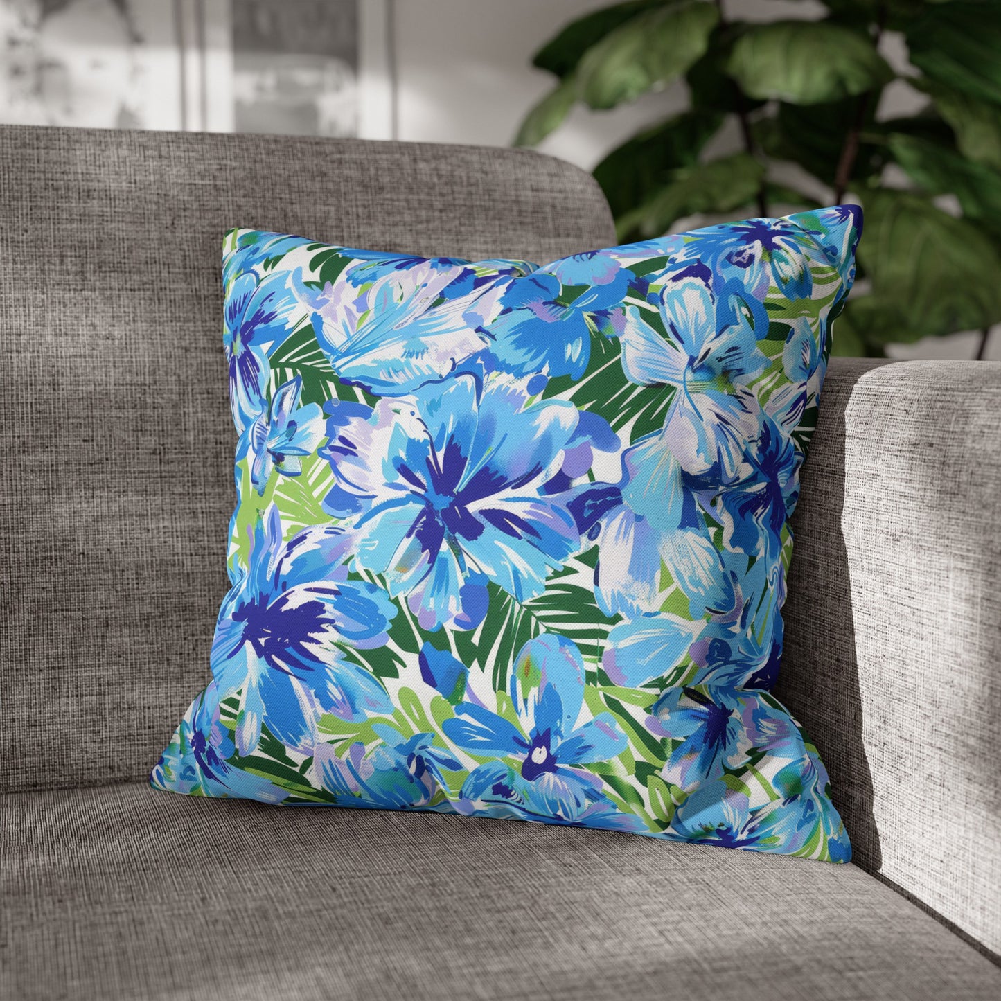 Azure Bloom Oasis: Bright Blue Large Flowers with Lush Green Palm Leaves Spun Polyester Square Pillowcase 4 Sizes