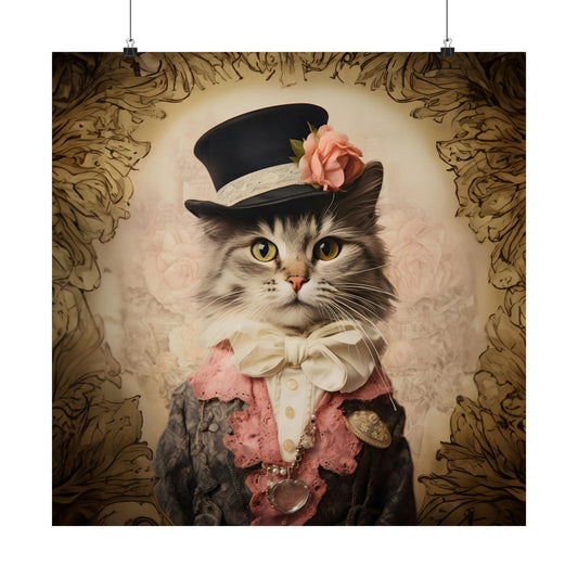 Whimsical Steampunk Feline: Victorian Top Hat and Bow Tie Adorned Cat, Dressed in Pink Lace Print on Matte Poster - 11 Sizes