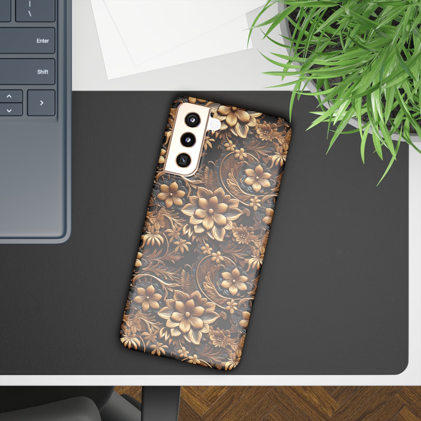 Tooled Gold Leather Flowers with Blue Accent Print Design Samsung Slim Cases