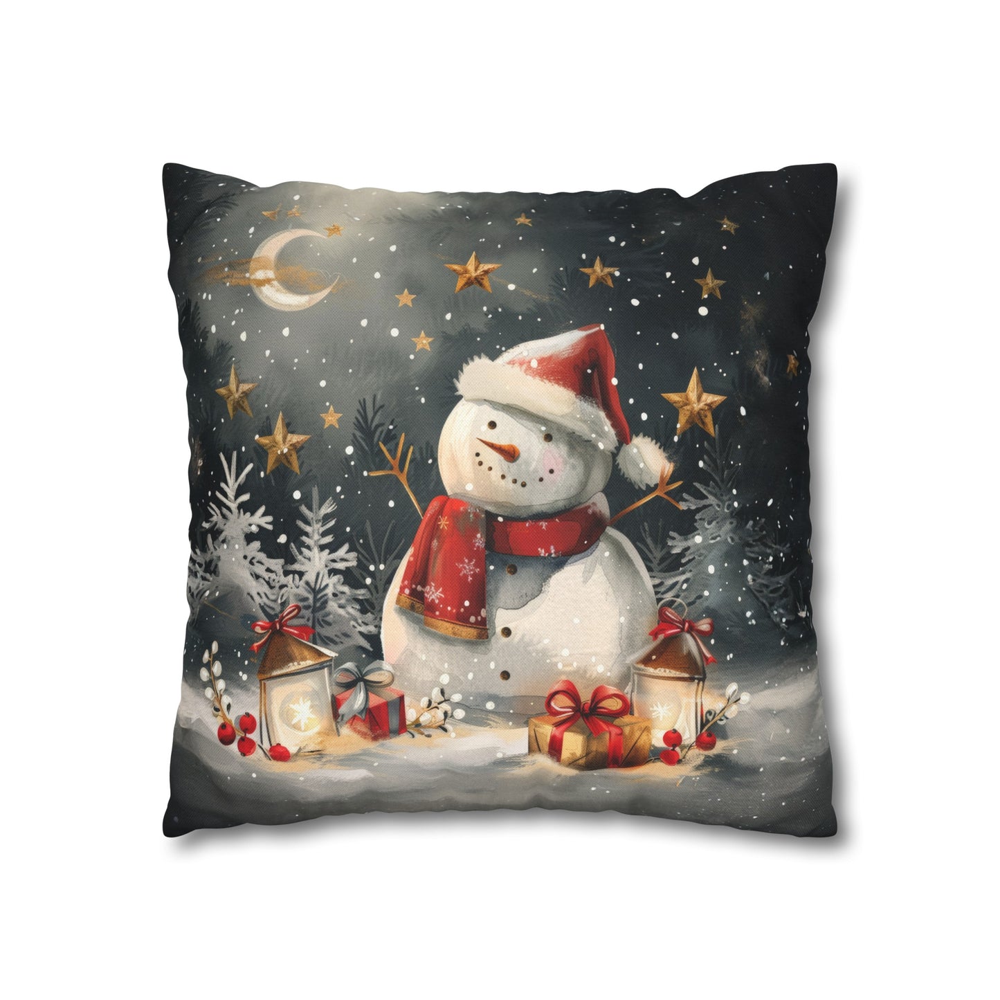 Snowman Beneath a Canopy of Stars, Surrounded by Presents Spun Polyester Square Pillowcase 4 Sizes