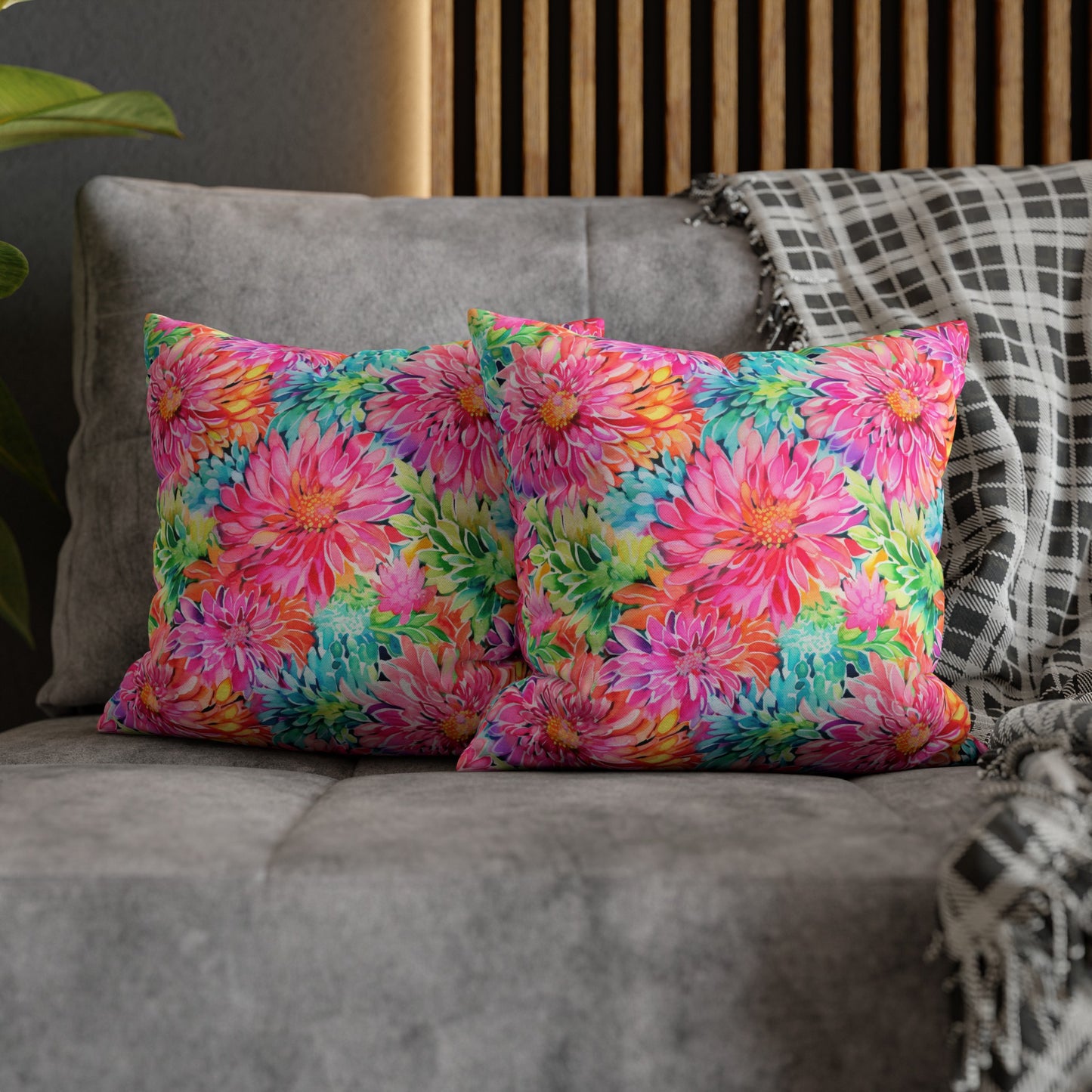 Blooming Spectrum: Large Vibrant Watercolor Flowers in Full Bloom Spun Polyester Square Pillowcase 4 Sizes