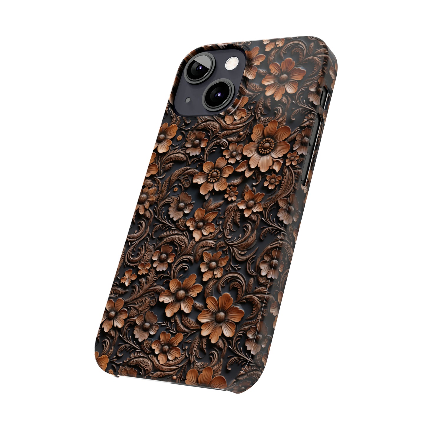 Tooled Deep Brown Leather Flowers Print Design Iphone 15-12 Slim Phone Case