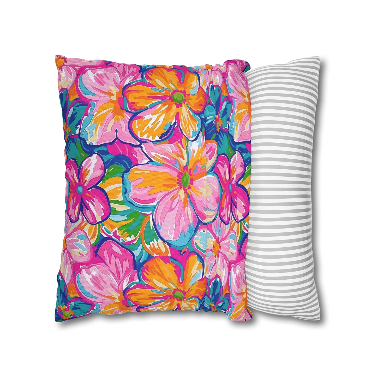 Chromatic Blossoms: Large Watercolor Flowers in Mixed Pinks, Blues, and Oranges Spun Polyester Square Pillowcase 4 Sizes