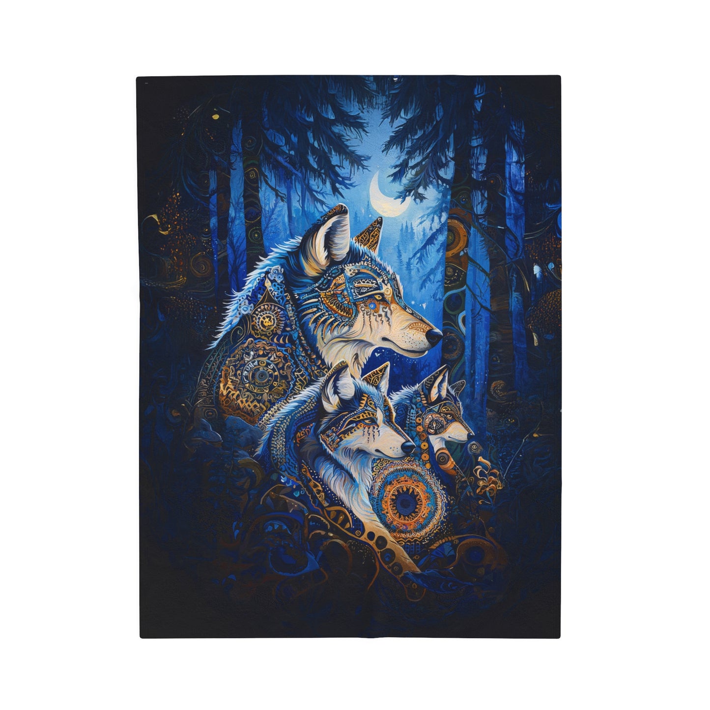 Mystic Guardians of Tribal Wolves of the Moonlit Forest Velveteen Plush Blanket 3 Sizes