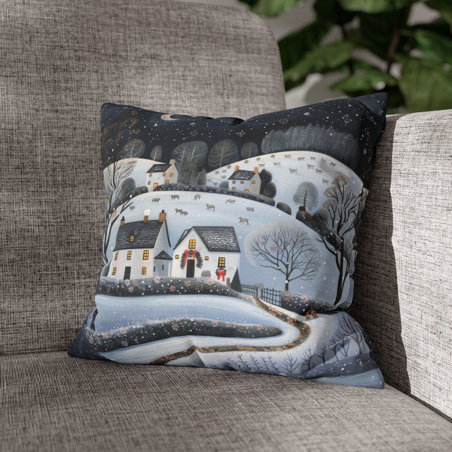 Starry Serenity: Rolling Hills on a Snowy Night, Stars Sparkling in the Sky Spun Polyester Square Pillowcase 4 Sizes