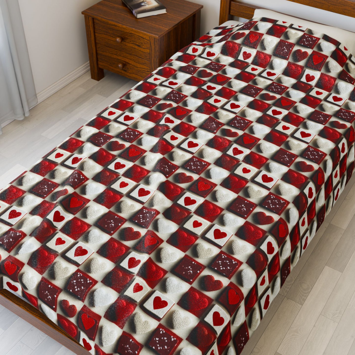 Checkered Hearts Valentines Print Velveteen Plush Blanket 3 Sizes