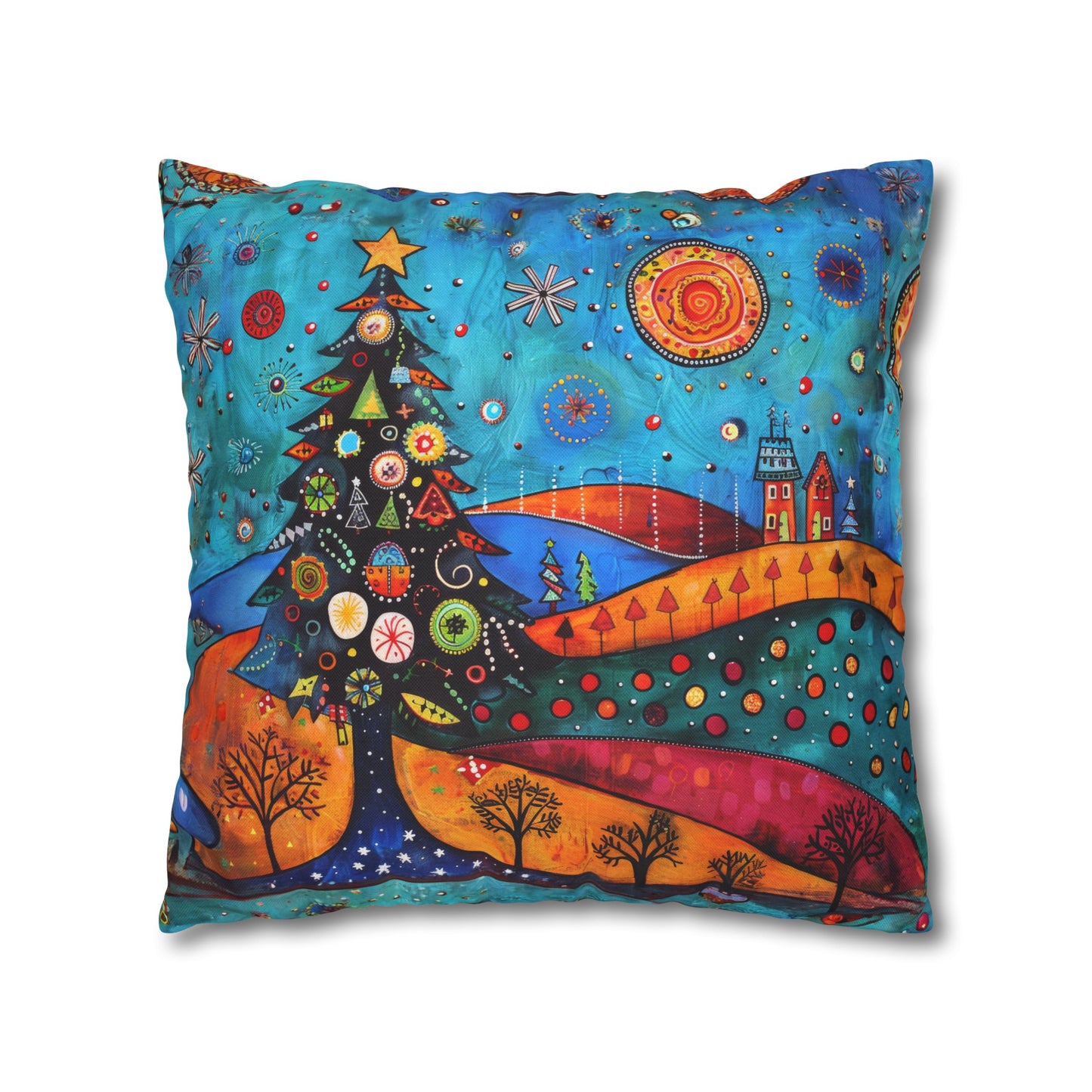 Folk Art Christmas Tree Nestled Amidst Rolling Hills Spun Polyester Square Pillowcase 4 Sizes