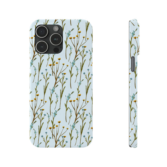 Delicate Blue and Yellow Wildflowers on a Light Blue Background Design Iphone 15-12 Slim Phone Case