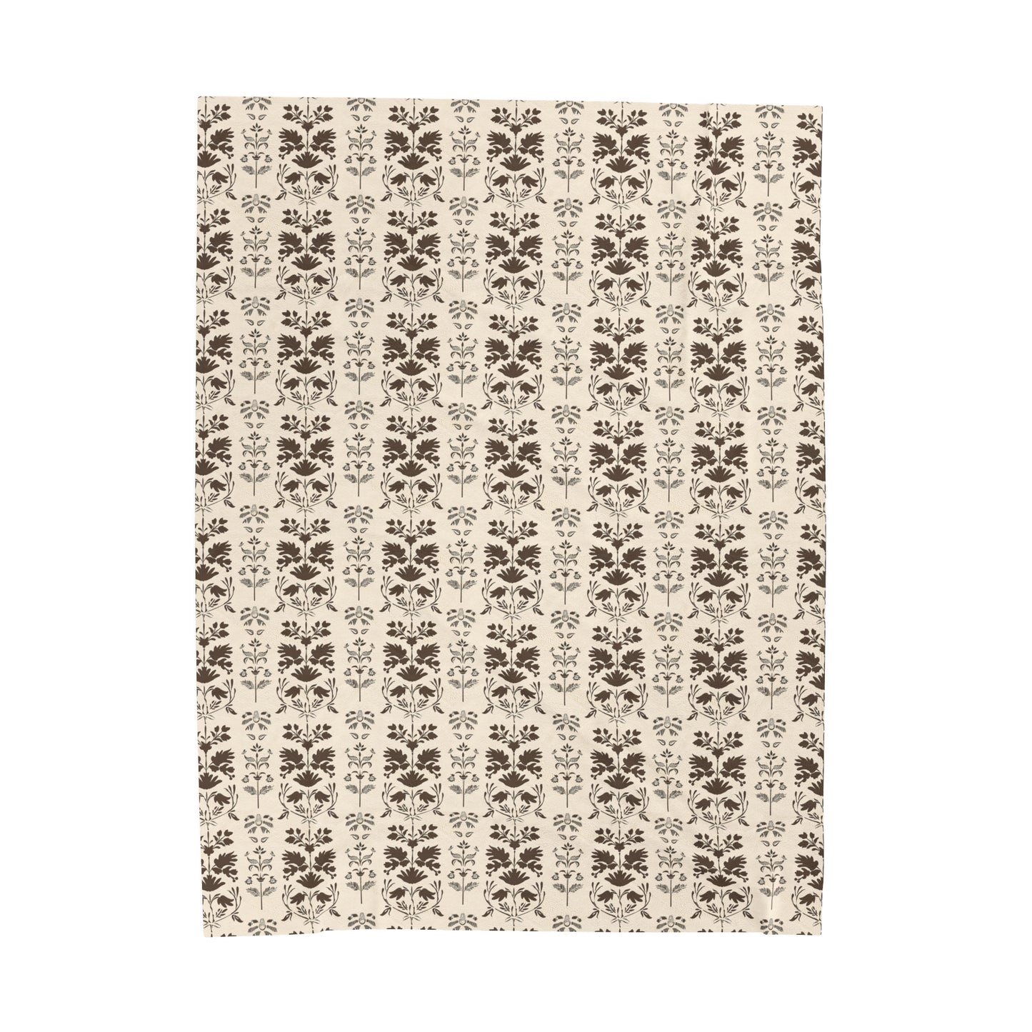 Early American Stencil-Inspired Beige and Brown Floral Pattern Velveteen Plush Blanket 3 Sizes