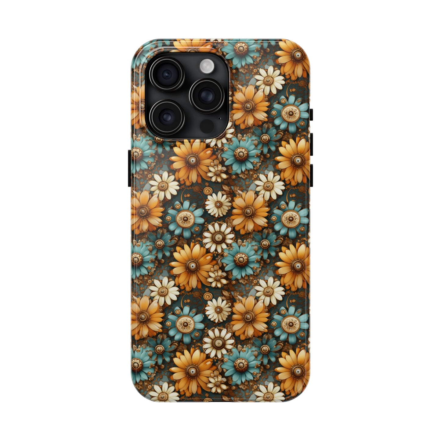 Victorian Steampunk Cream Gold and Teal Flowers with Gears and Mechanical Elements Iphone Tough Phone Case