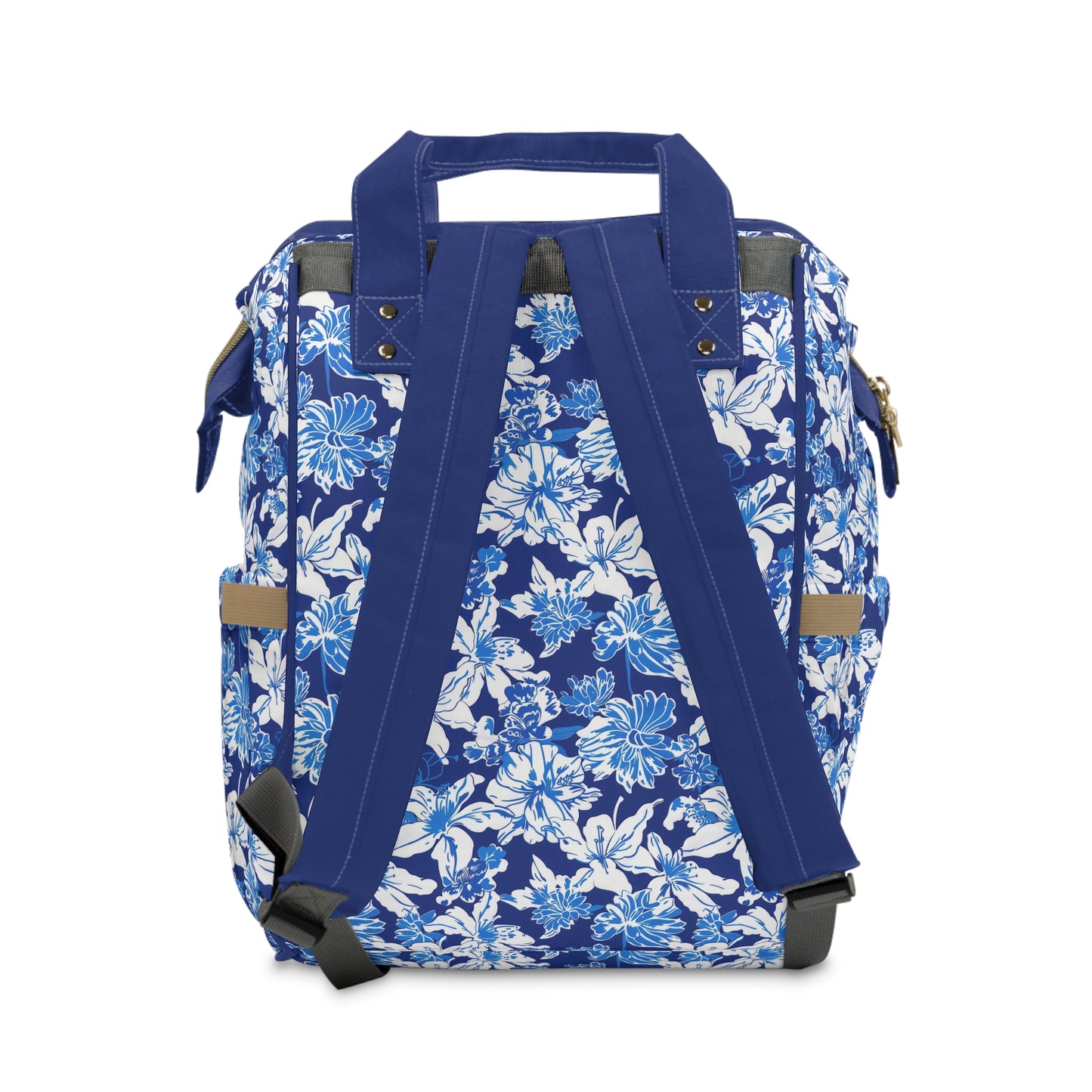 Oceanic Bloom: Watercolor Tropical Flowers in White and Blue against a Deep Blue Background Multifunctional Diaper Backpack