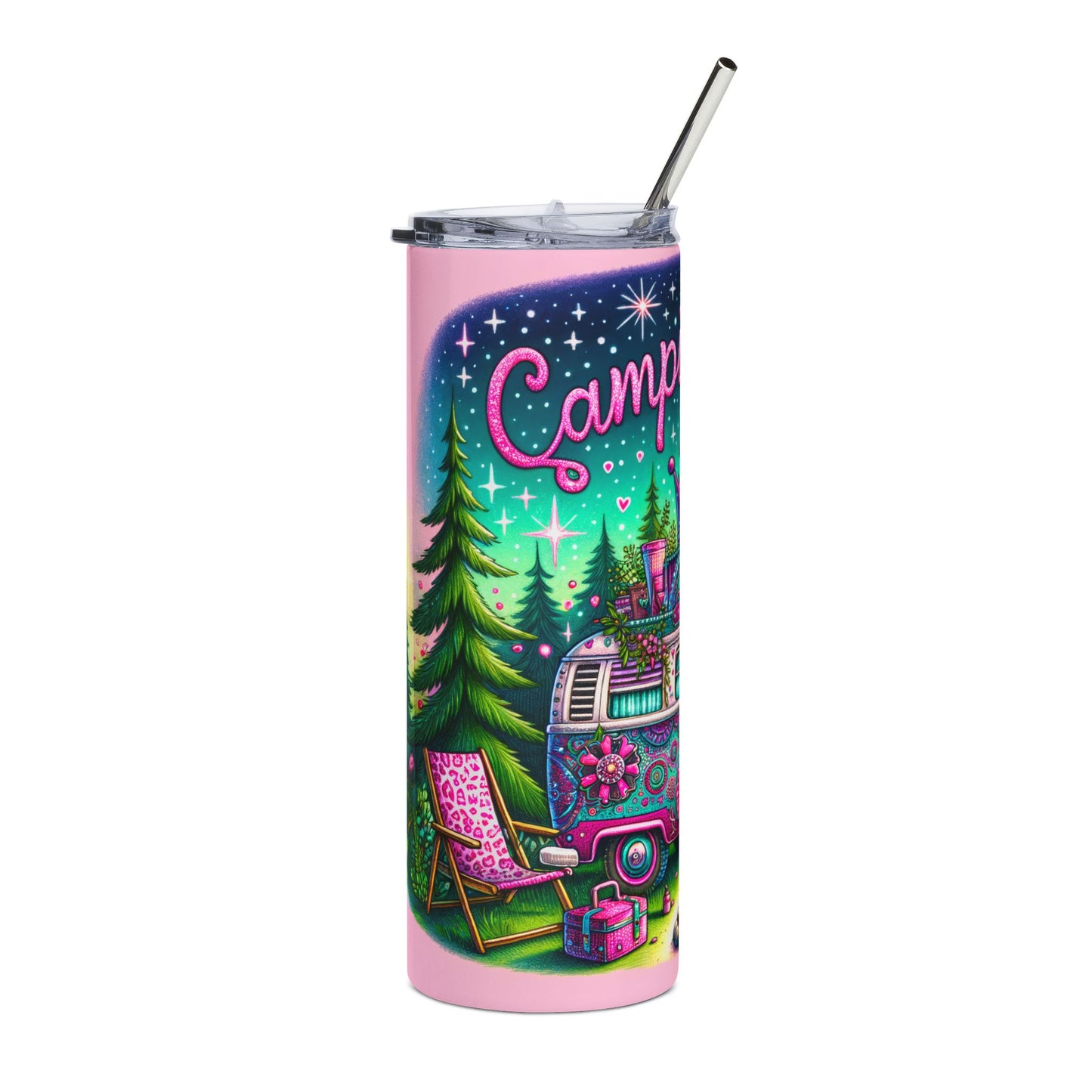 Camping Queen Tumbler Wrap Outdoor Camping Lover, Camper Van Seamless Design 20 oz Skinny Tumbler