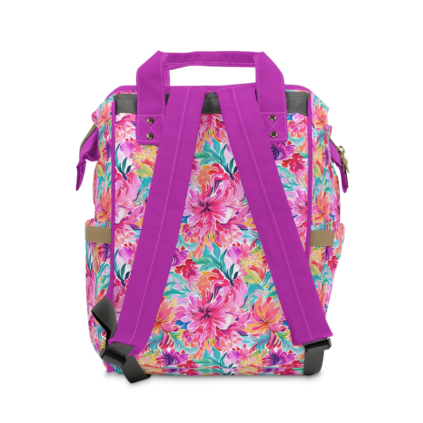 Rainbow Tropics: Watercolor Flowers in Vibrant Pink, Green and Orange Hues Multifunctional Diaper Backpack