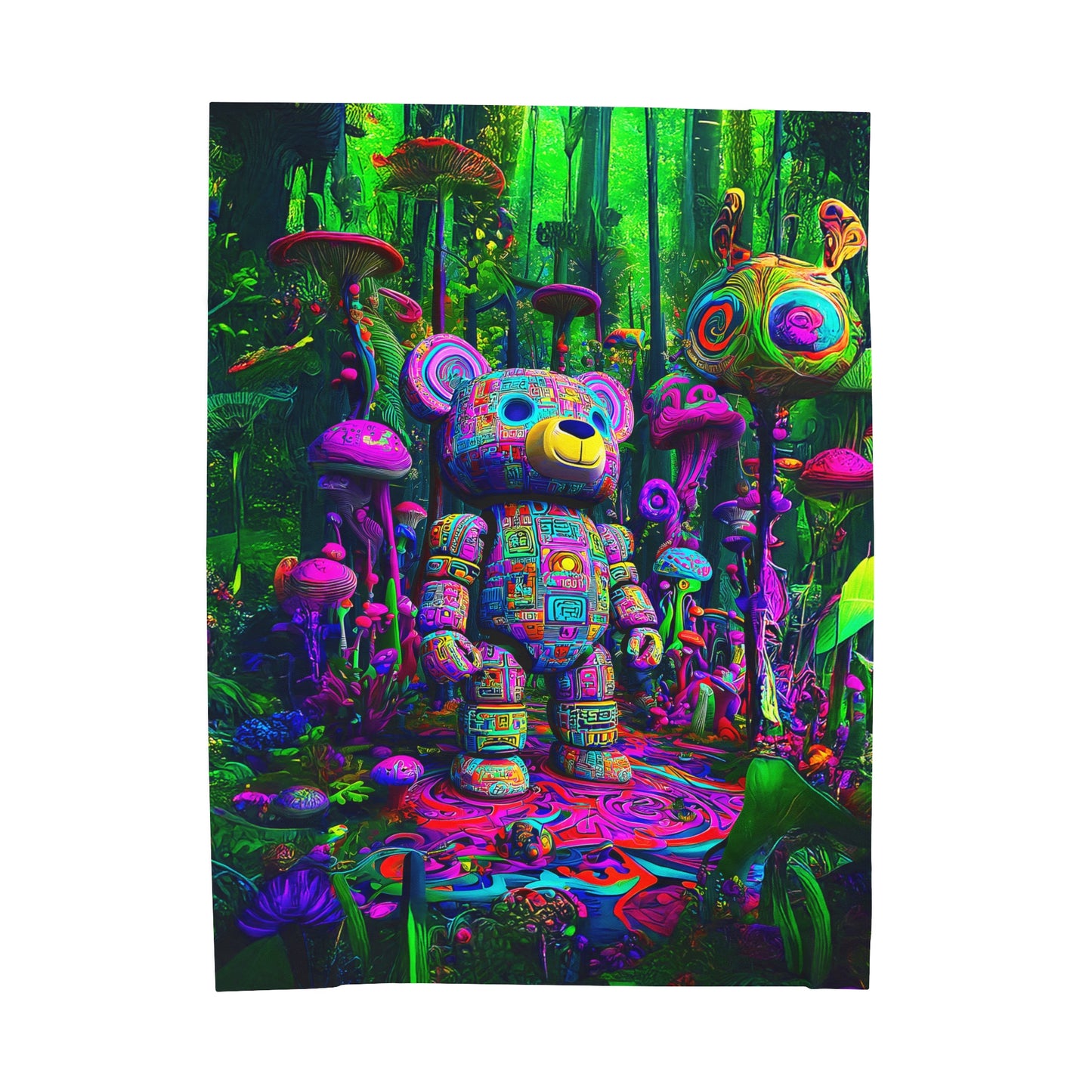 Neon Bear Guardian Adventure in a Mystical Mushroom Forest Velveteen Plush Blanket 3 Sizes