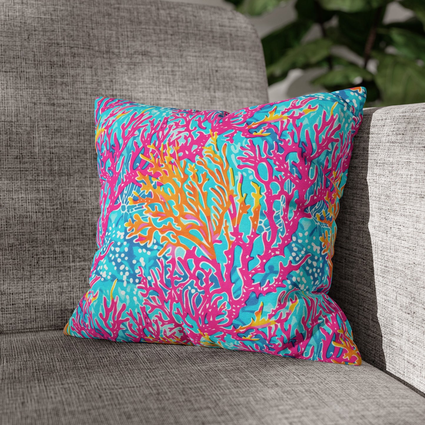 Coral Symphony: Bright Pink, Yellow, and Coral Dancing in the Blue Ocean Spun Polyester Square Pillowcase 4 Sizes