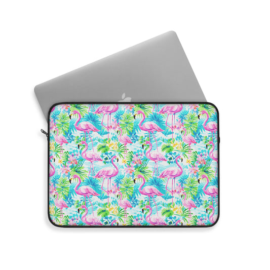 Tropical Flamingo Haven: Surrounded by Flowers and Palm Trees Laptop or Ipad Protective Sleeve Three Sizes Available