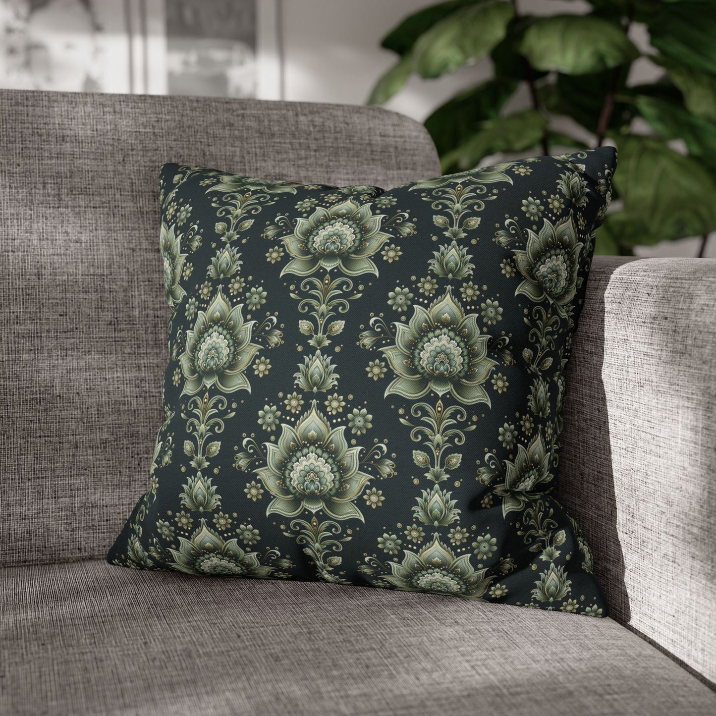 Ornate Green Mandala with Golden Accents on Dark Background Polyester Square Pillowcase 4 Sizes