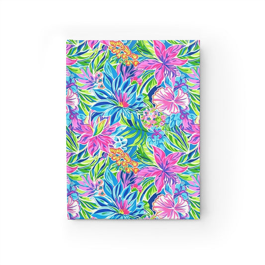 Summer Harmony: Pink and Blue Blooms with Lush Green Leaves Hardcover Ruled Line Journal