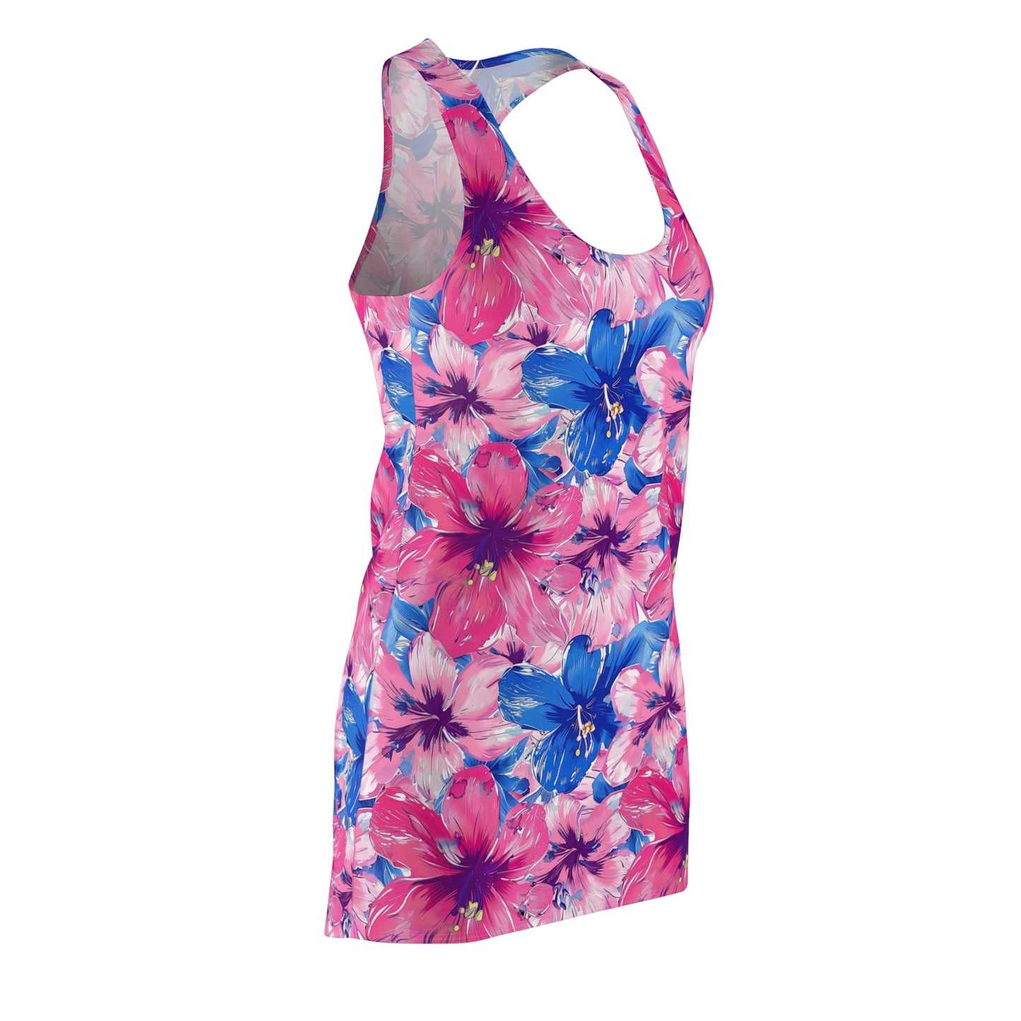 Blooming Bliss: Large Pink and Blue Blossoms in Full Bloom Women's Racerback Dress XS - 2XL