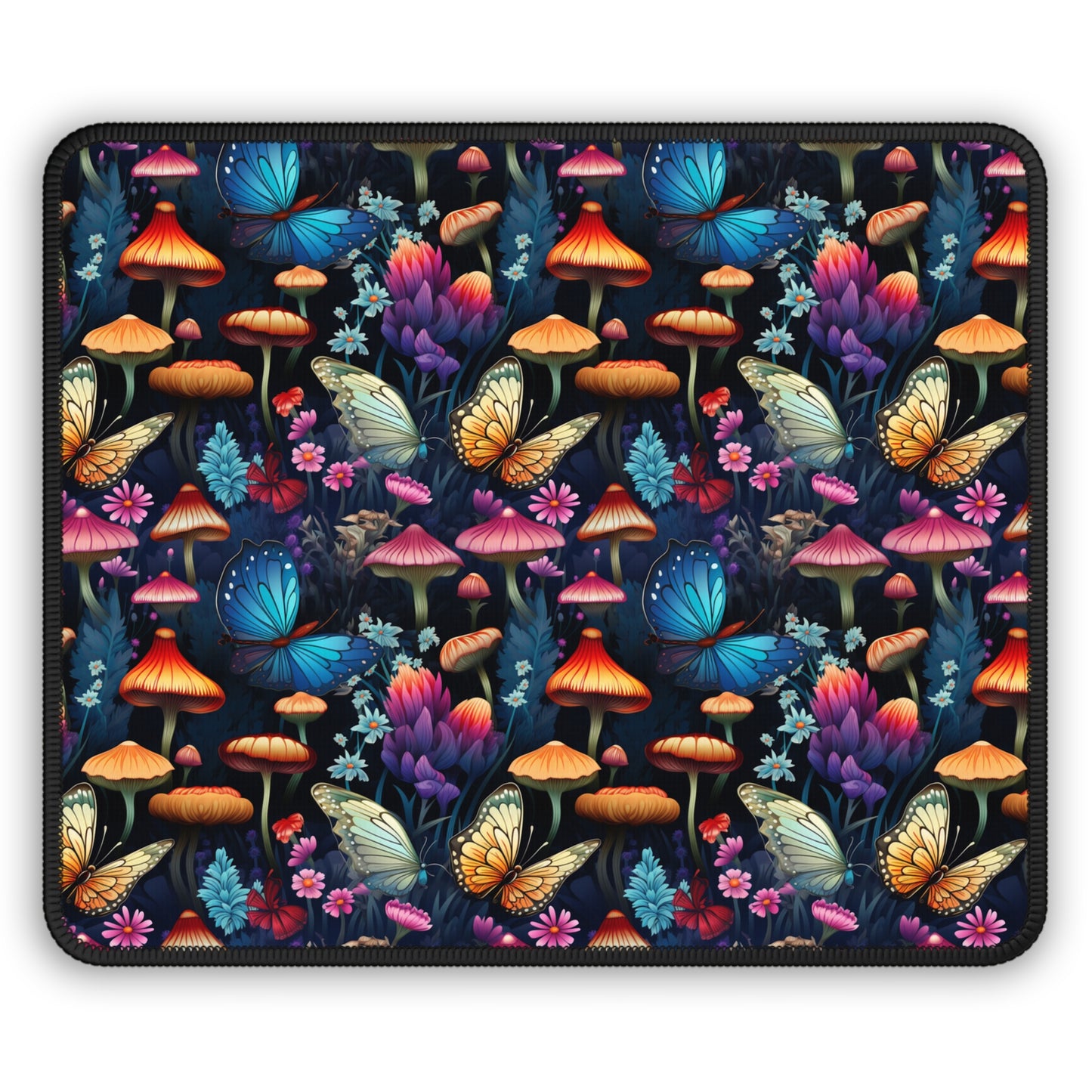 Mystical Butterflies and Mushroom Nighttime Garden Gaming Mouse Pad with Finished Edges