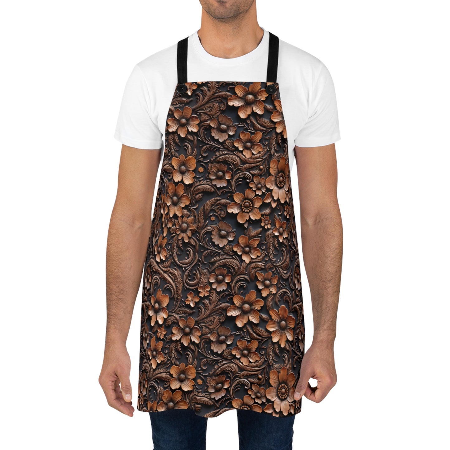 Tooled Deep Brown Leather Flowers Print Design Kitchen Chef Apron