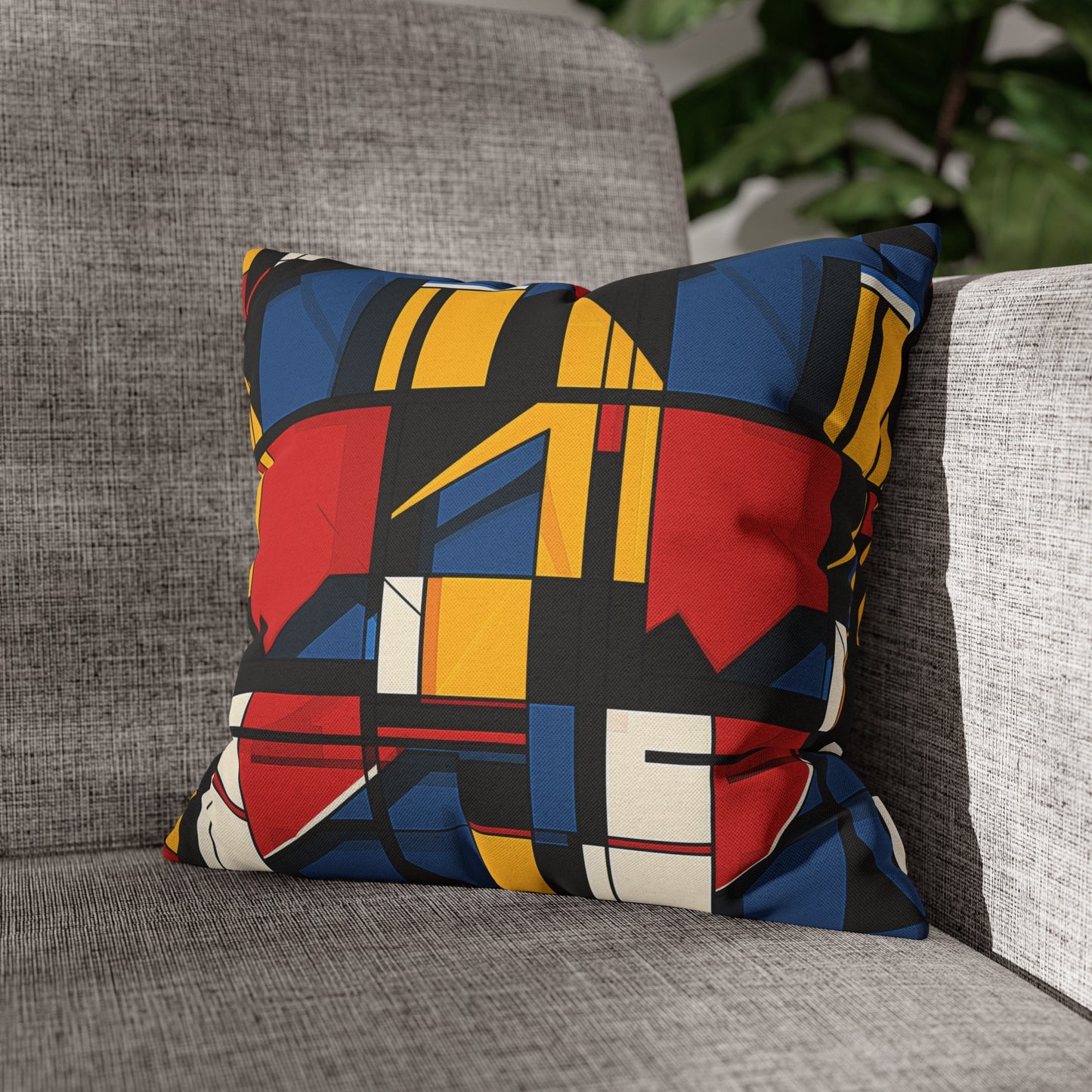 Mondrian-Inspired Bold Primary Colors and Black Lines Abstract Spun Polyester Square Pillowcase 4 Sizes