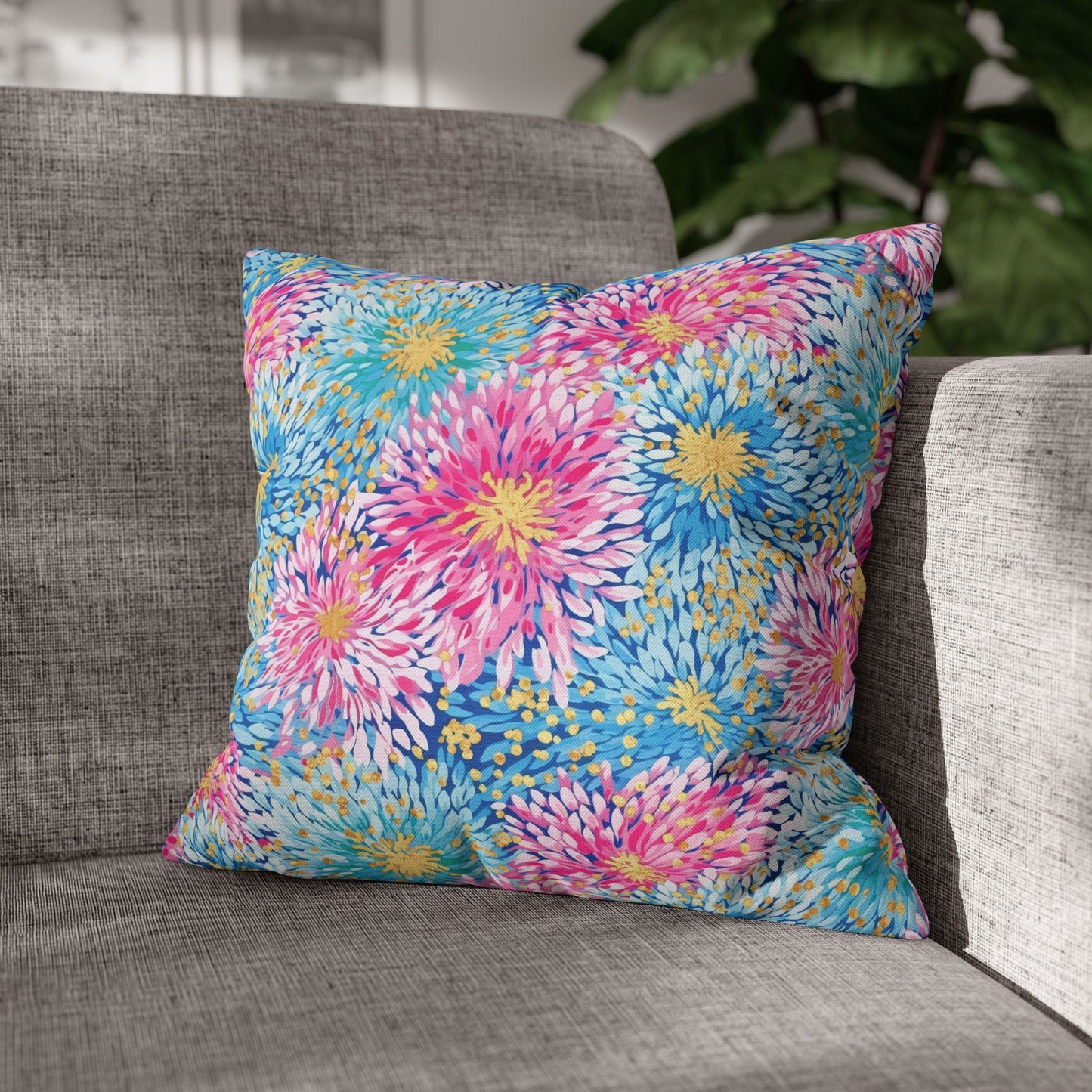 Pastel Harmony: Watercolor Chrysanthemums in Pink, Blue, and Yellow Spun Polyester Square Pillowcase 4 Sizes