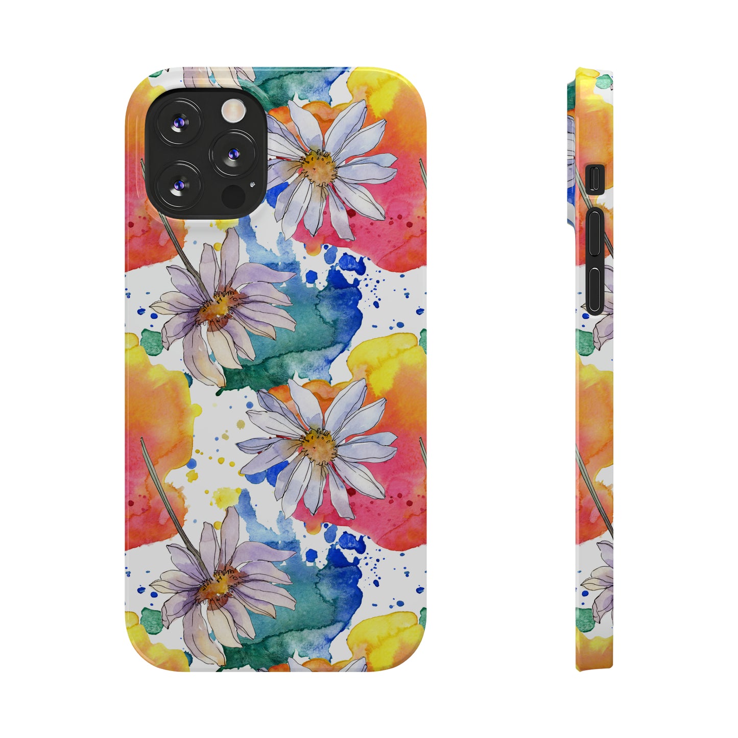 Large Colorful Watercolor Daisy Design Iphone 15-12 Slim Phone Case