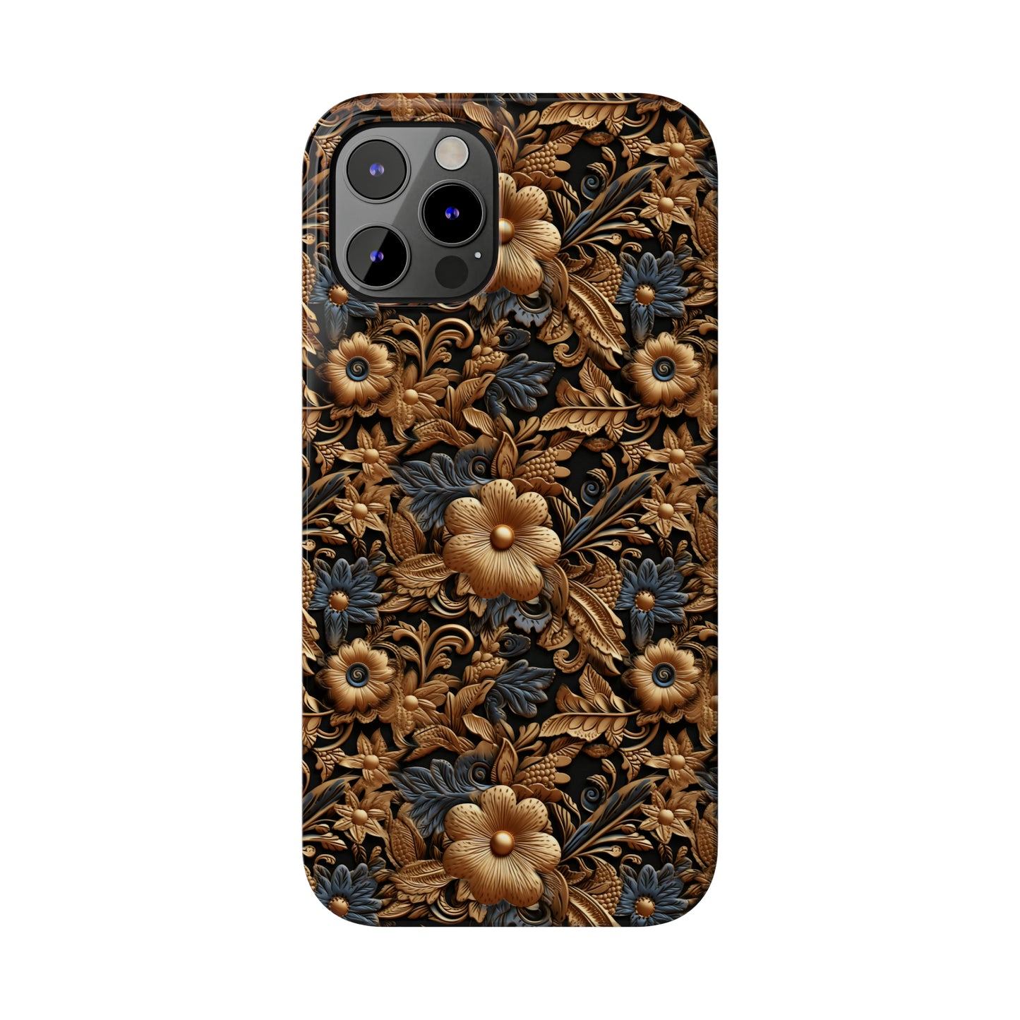 Tooled Leather Gold Flowers with Blue Leaves Accent Print Design Iphone 15-12 Slim Phone Case