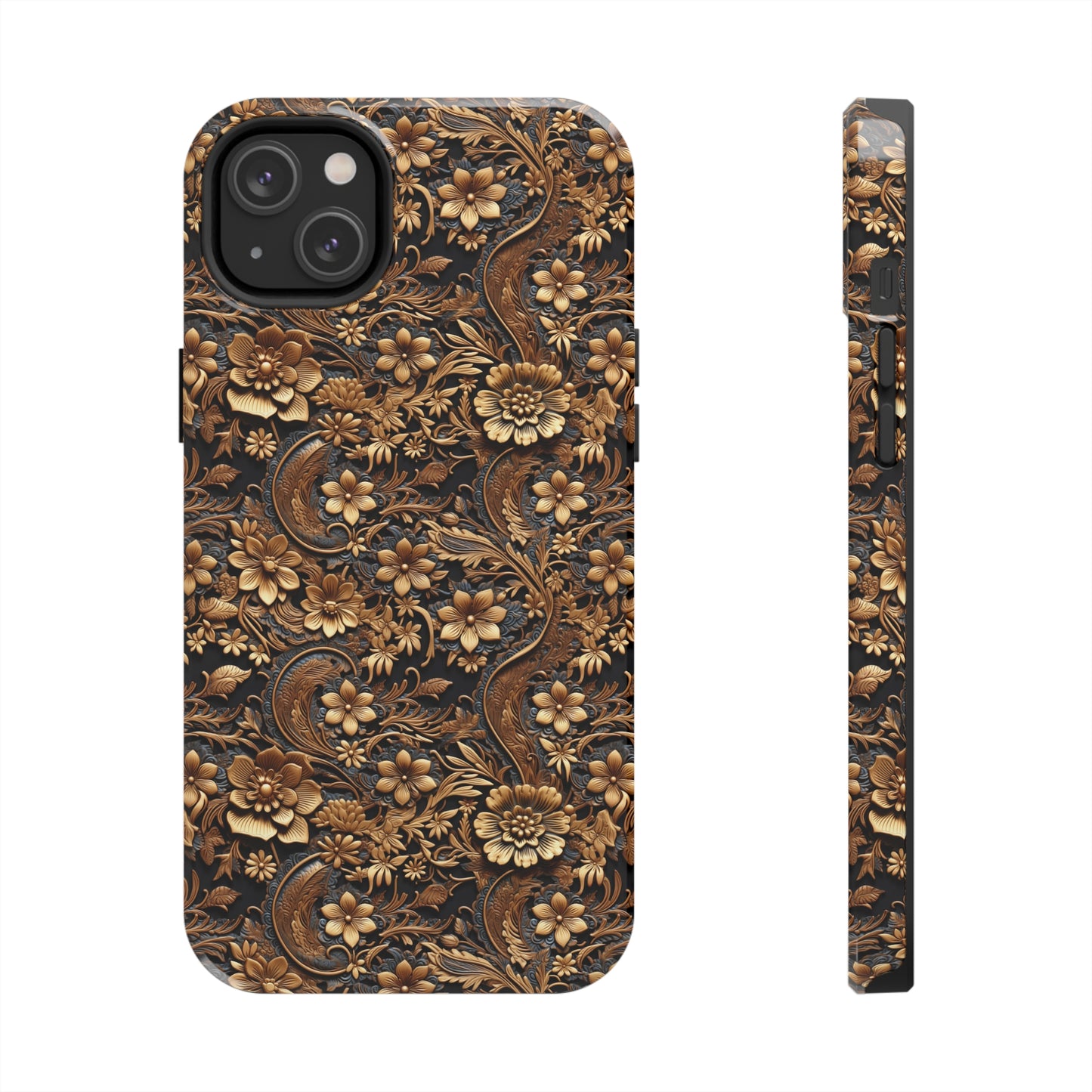 Tooled Leather Large Gold Flowers with Blue Leaf Swirl Accents Print Design Iphone Tough Phone Case