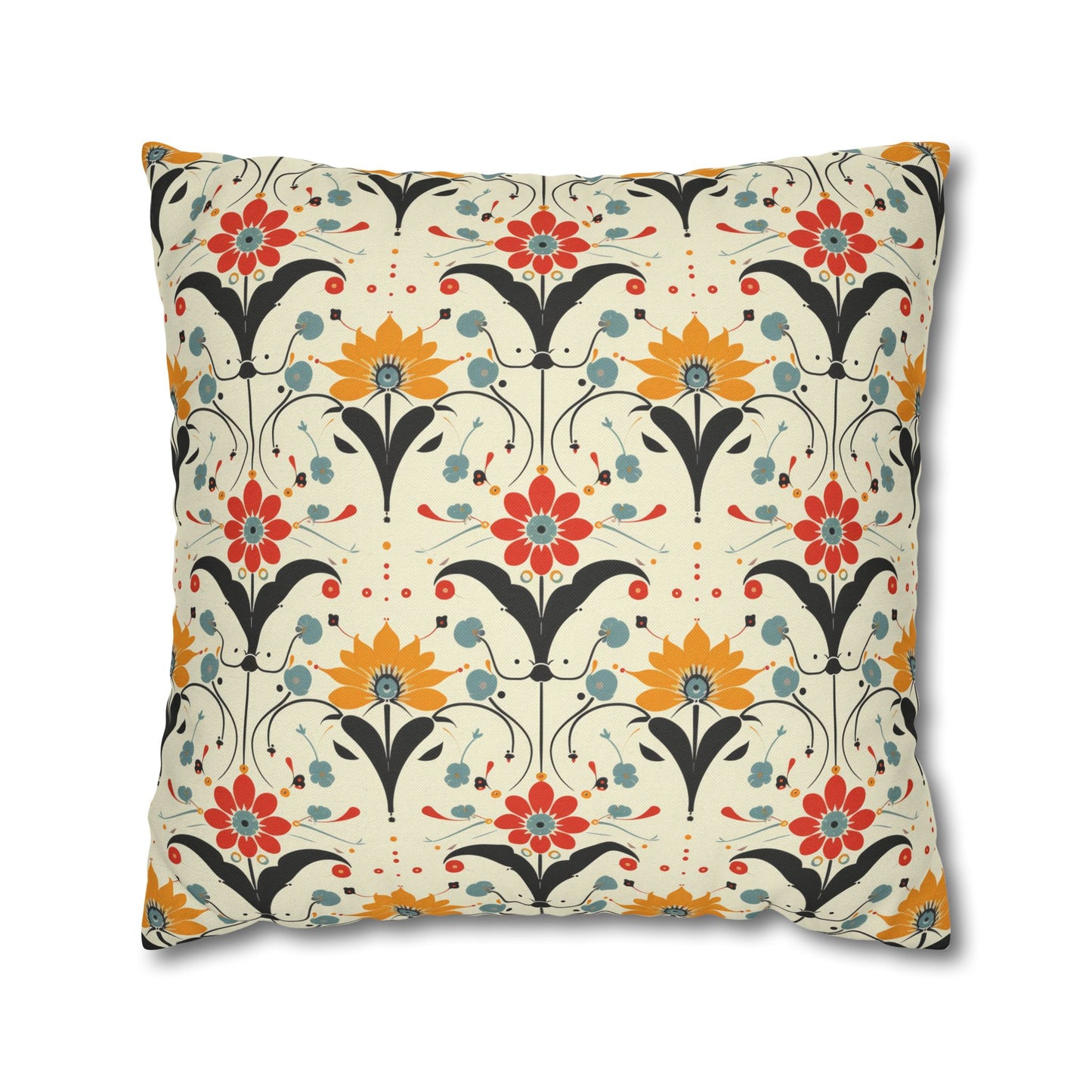 Whimsical Retro Garden in Muted Yellow, Red and Blues Spun Polyester Square Pillowcase 4 Sizes