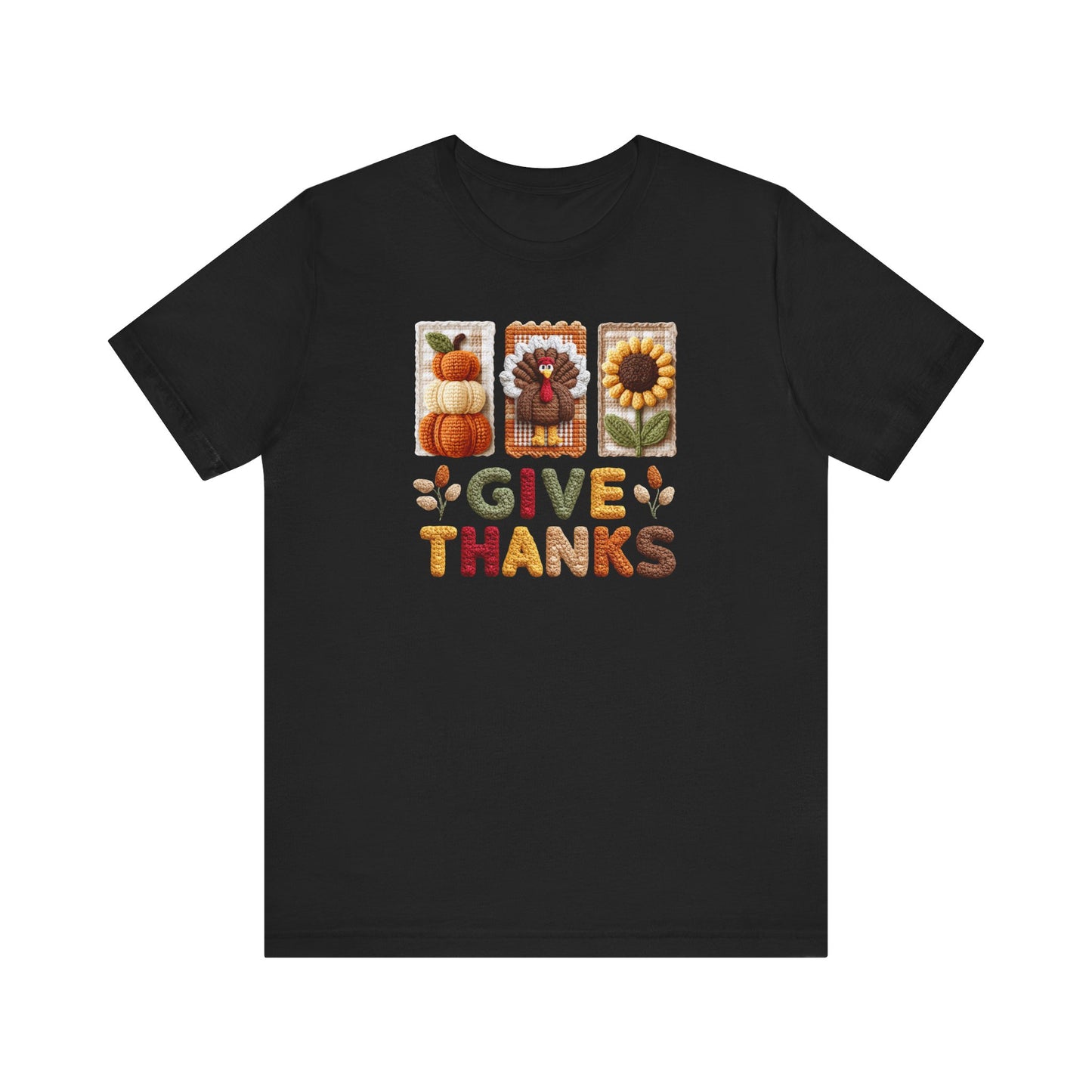 Thanksgiving Give Thanks Faux Yarn Crochet Print Jersey Short Sleeve T-shirt