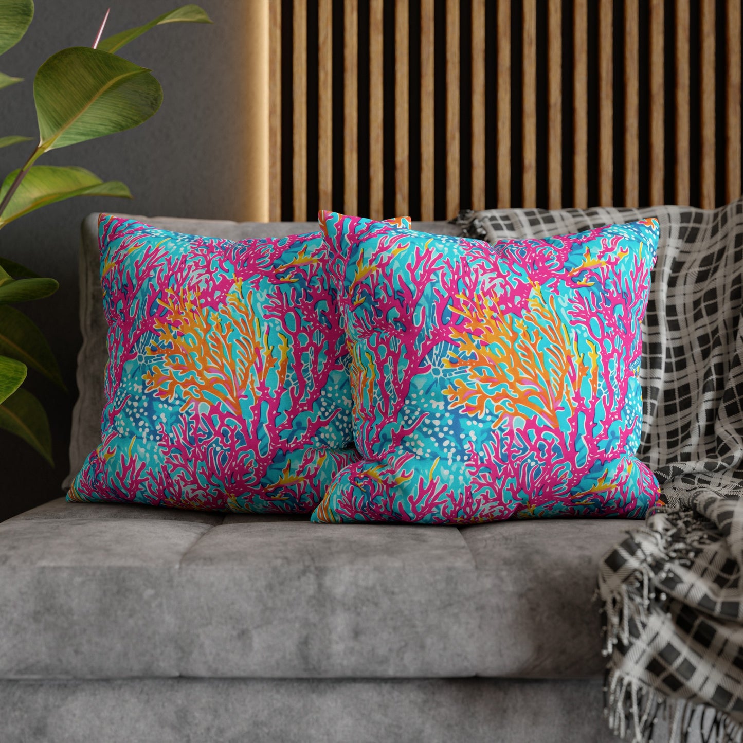 Coral Symphony: Bright Pink, Yellow, and Coral Dancing in the Blue Ocean Spun Polyester Square Pillowcase 4 Sizes