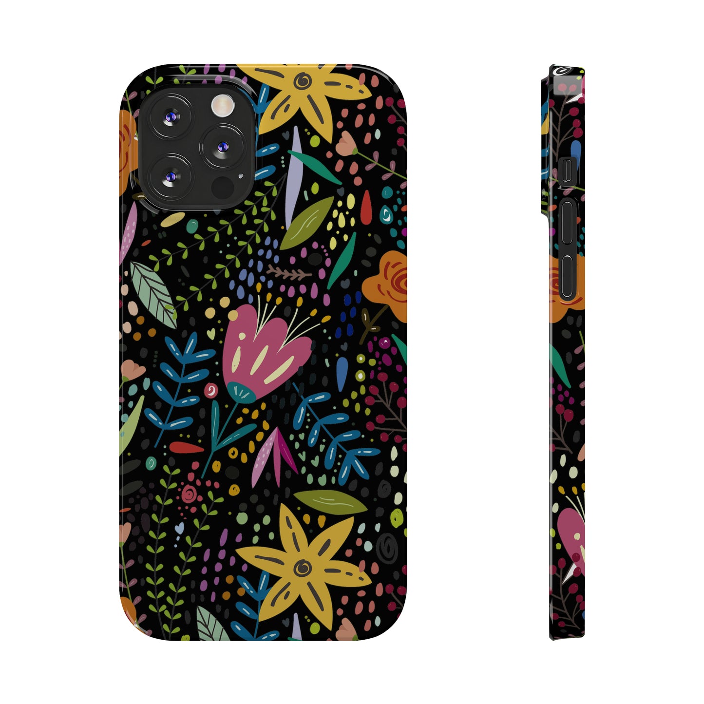 Springtime Splendor: Hand-Drawn Flowers Bursting with Vibrant Colors Design on Black Iphone 15-12 Slim Phone Case