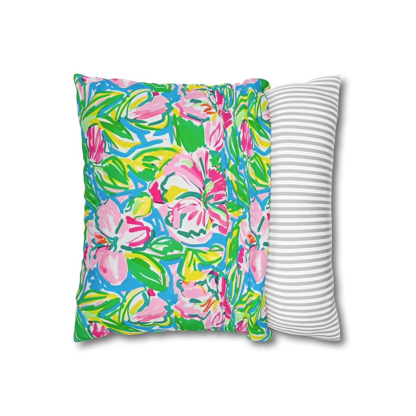 Whispering Meadows: Pink Blossoms, Lush Green Leaves, and Accents of Yellow and Blue Spun Polyester Square Pillowcase 4 Sizes