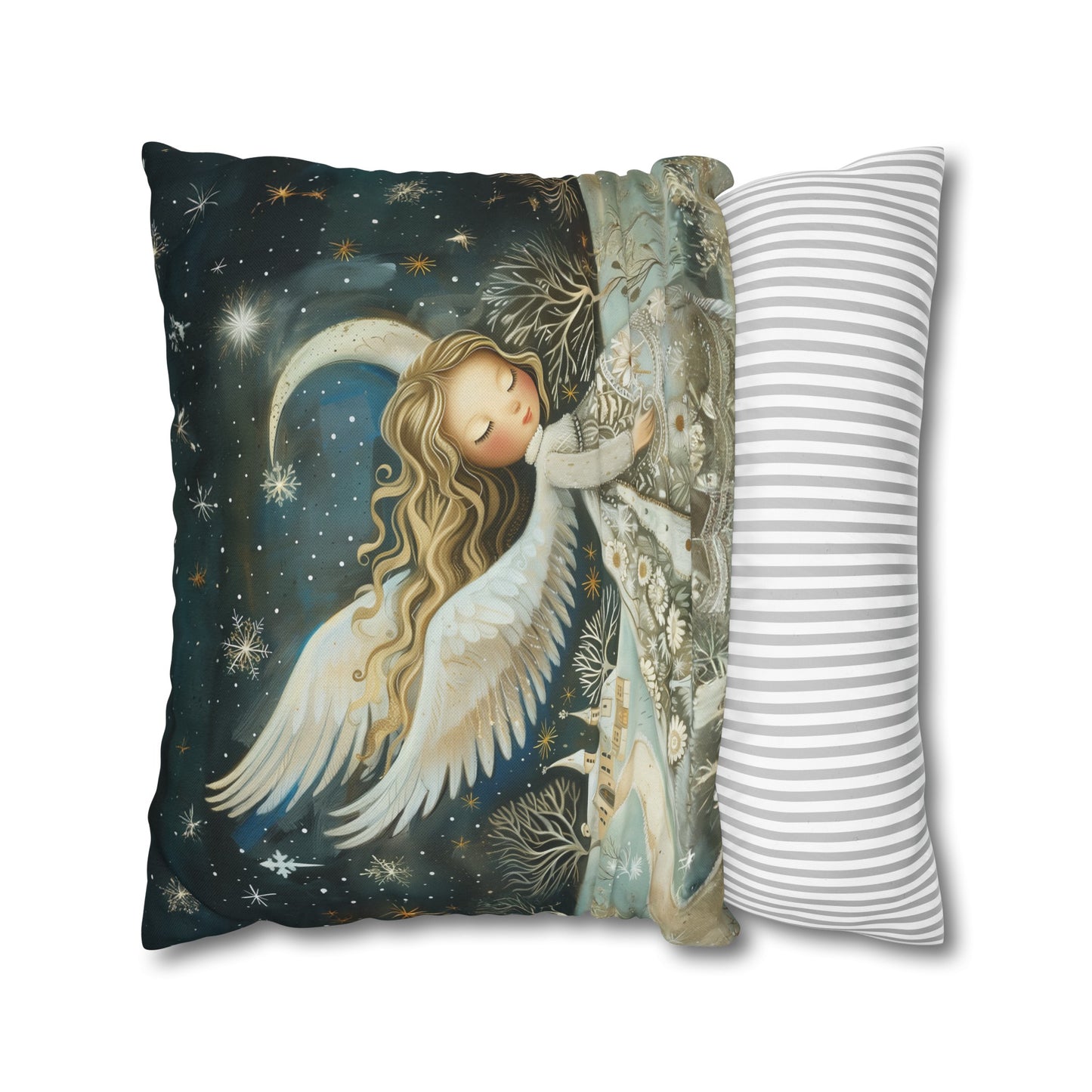 Guardian of Bloom: Young Angel in Floral Dress Amidst a Quaint Village Spun Polyester Square Pillowcase 4 Sizes