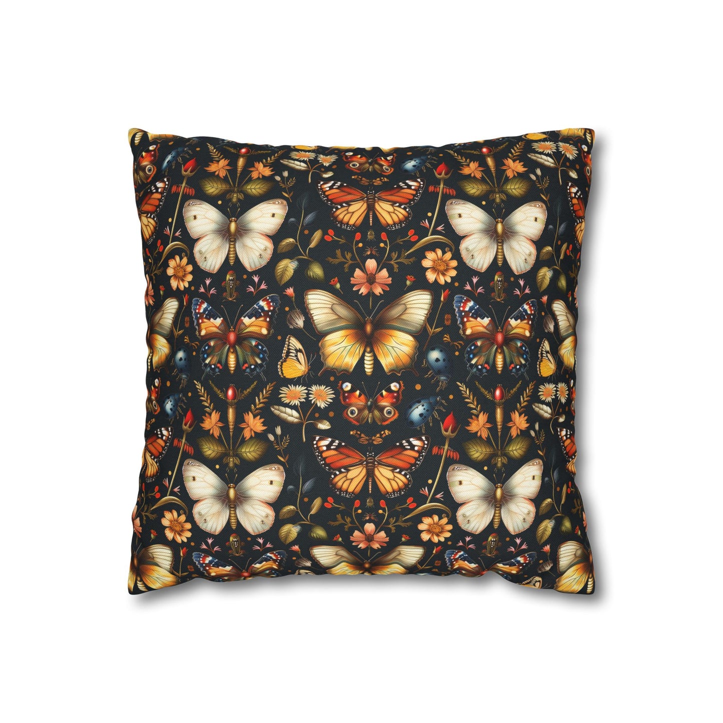 Enchanted Garden of Butterflies and Botanicals in Rich Autumn Hues on a Deep Night Background Polyester Square Pillowcase 4 Sizes