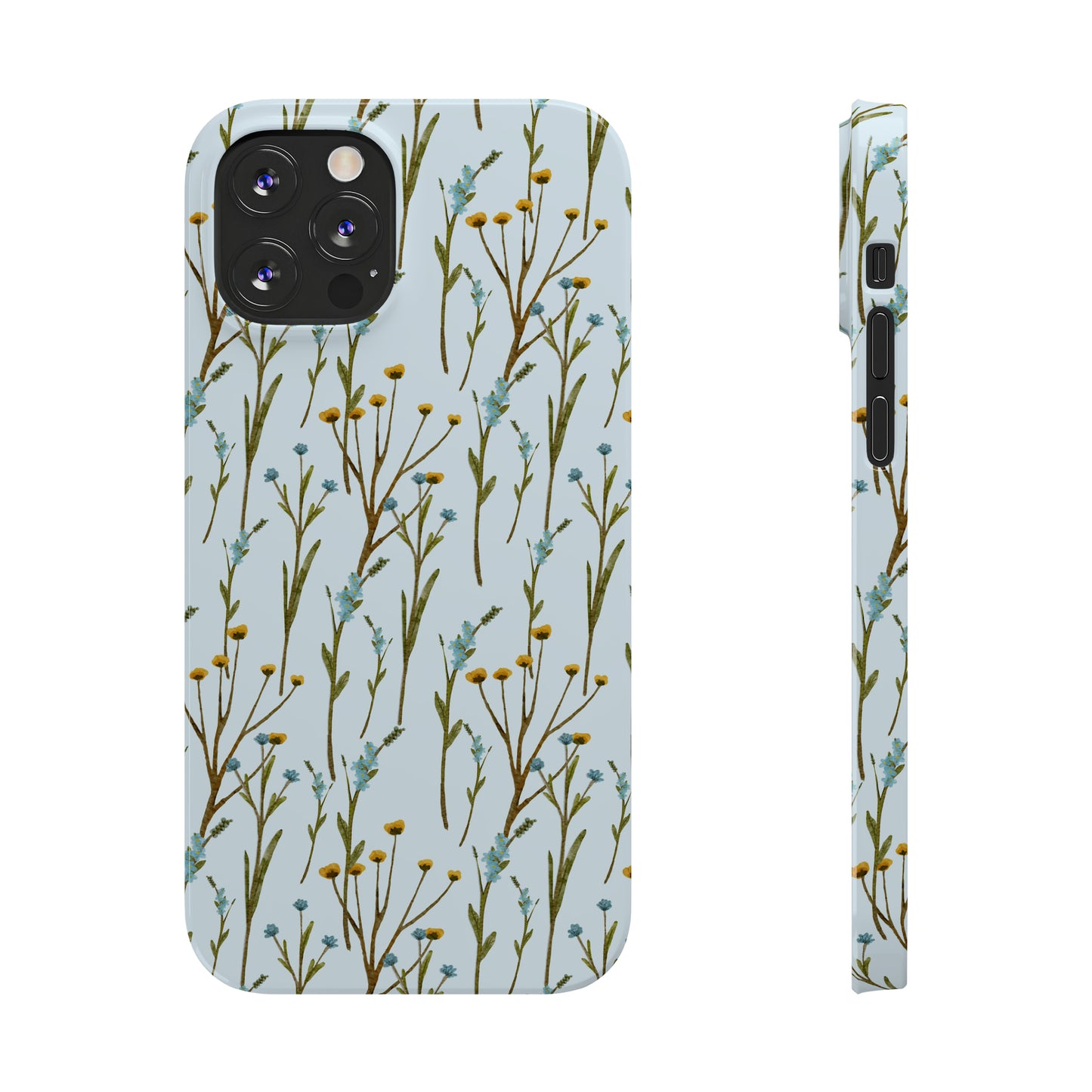 Delicate Blue and Yellow Wildflowers on a Light Blue Background Design Iphone 15-12 Slim Phone Case