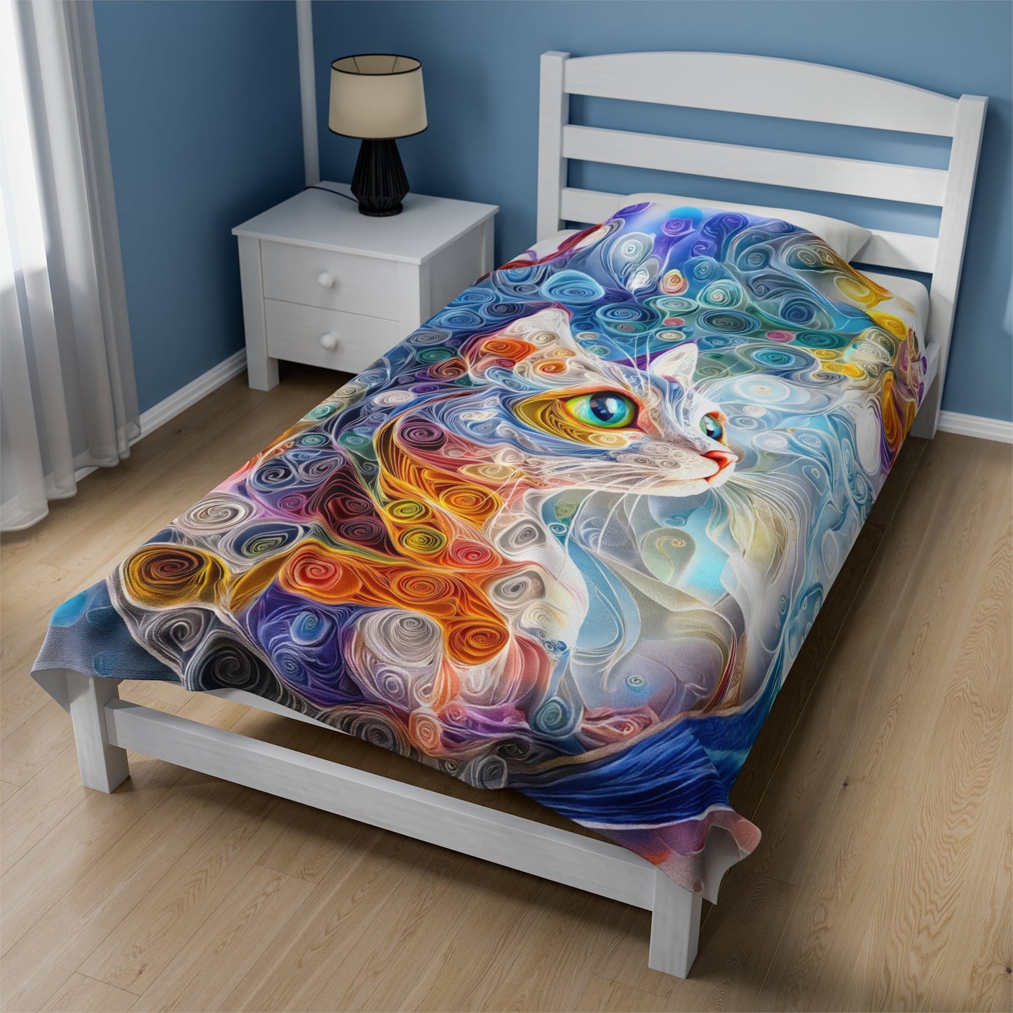 Mesmerizing Quilled Paper Art Cat Portrait in Vibrant Hues Velveteen Plush Blanket 3 Sizes