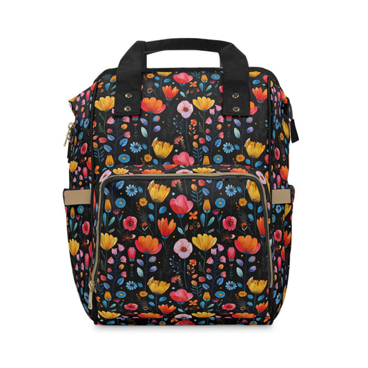 Vibrant Spring Blooms in a Kaleidoscope of Colors on Black Multifunctional Diaper Backpack