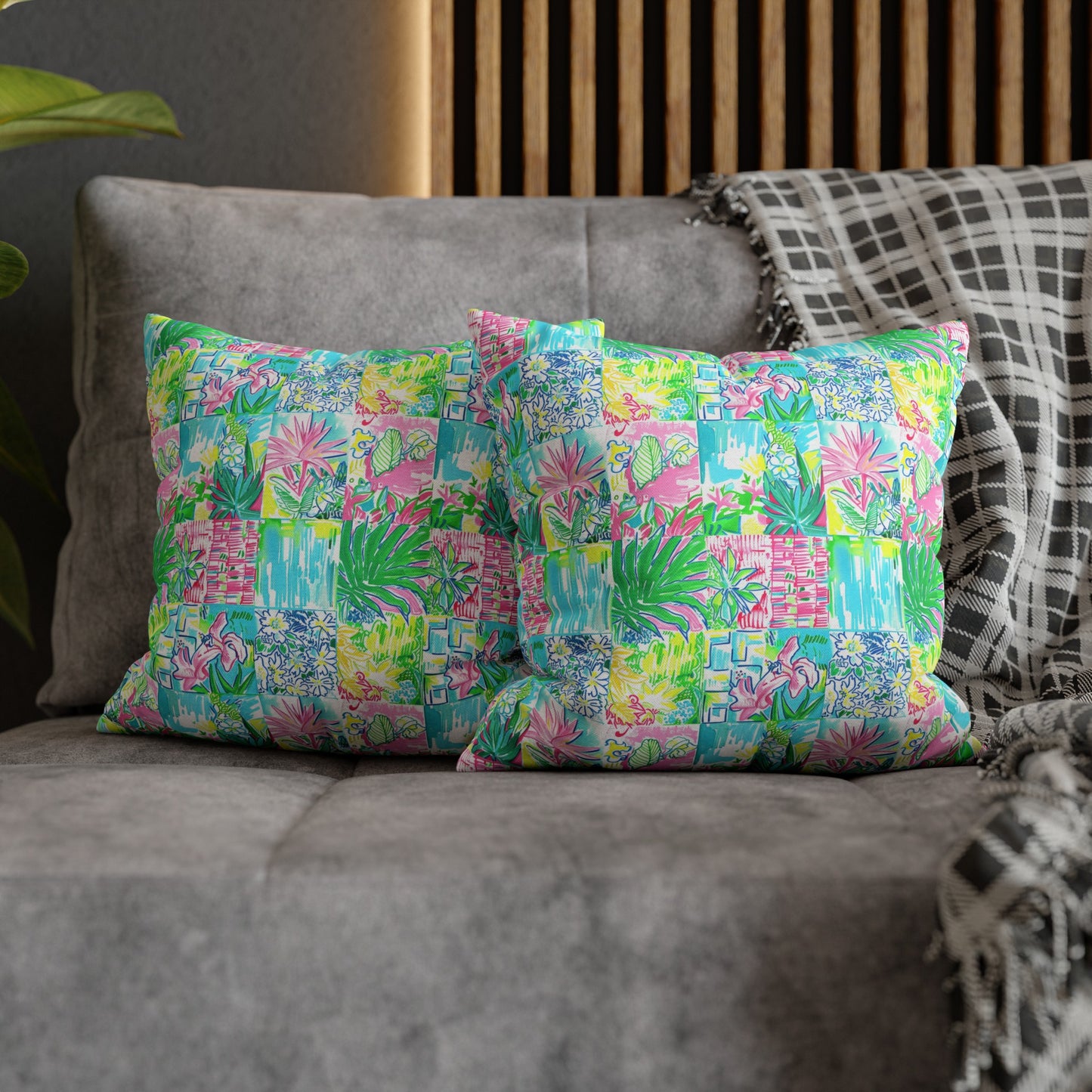 Whimsical Palm Trees and Flowers in Vibrant Pink, Teal, and Green Collage Spun Polyester Square Pillowcase 4 Sizes