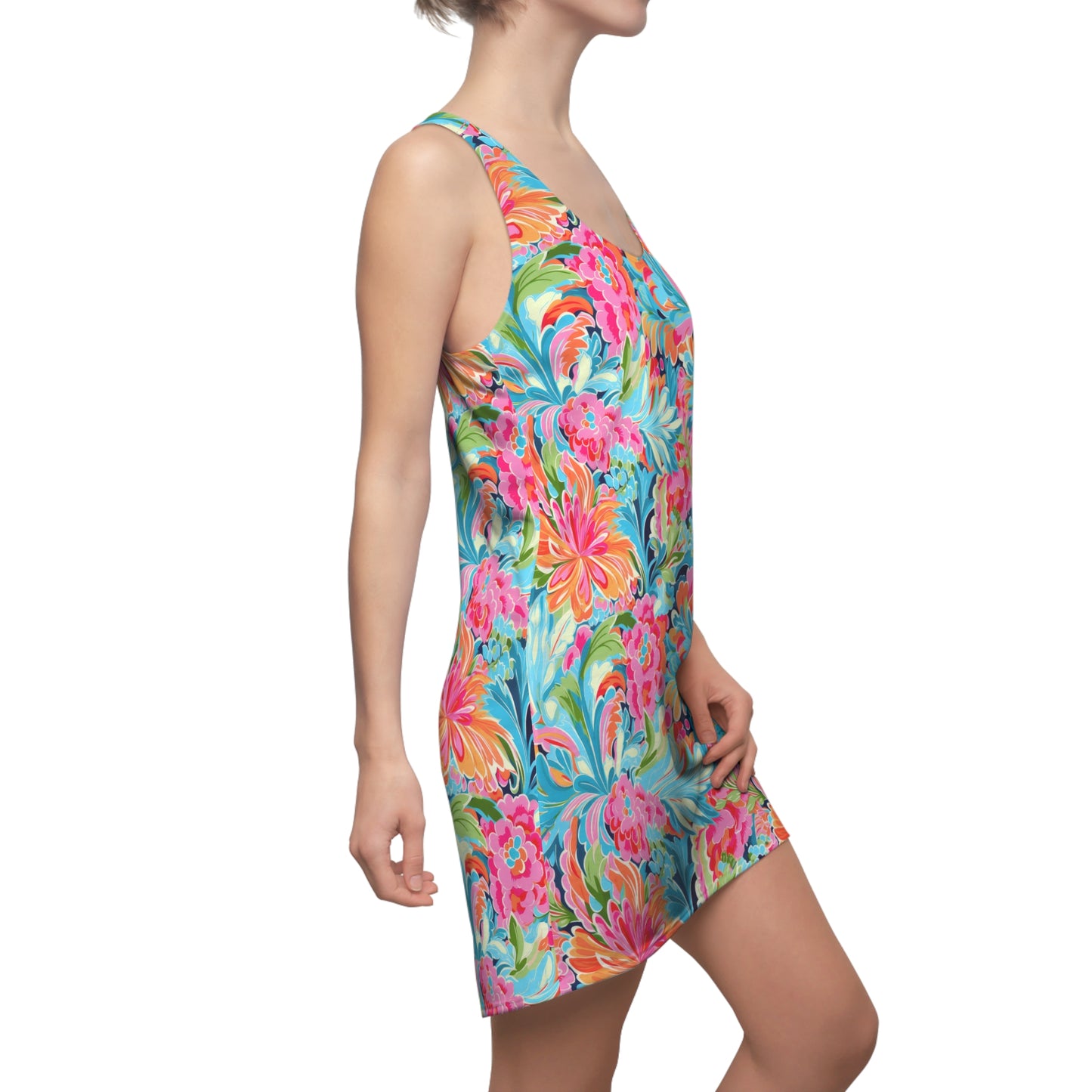 Tropical Radiance: Bursting Summer Blooms in Teal, Orange, and Pink Women's Racerback Dress XS - 2XL