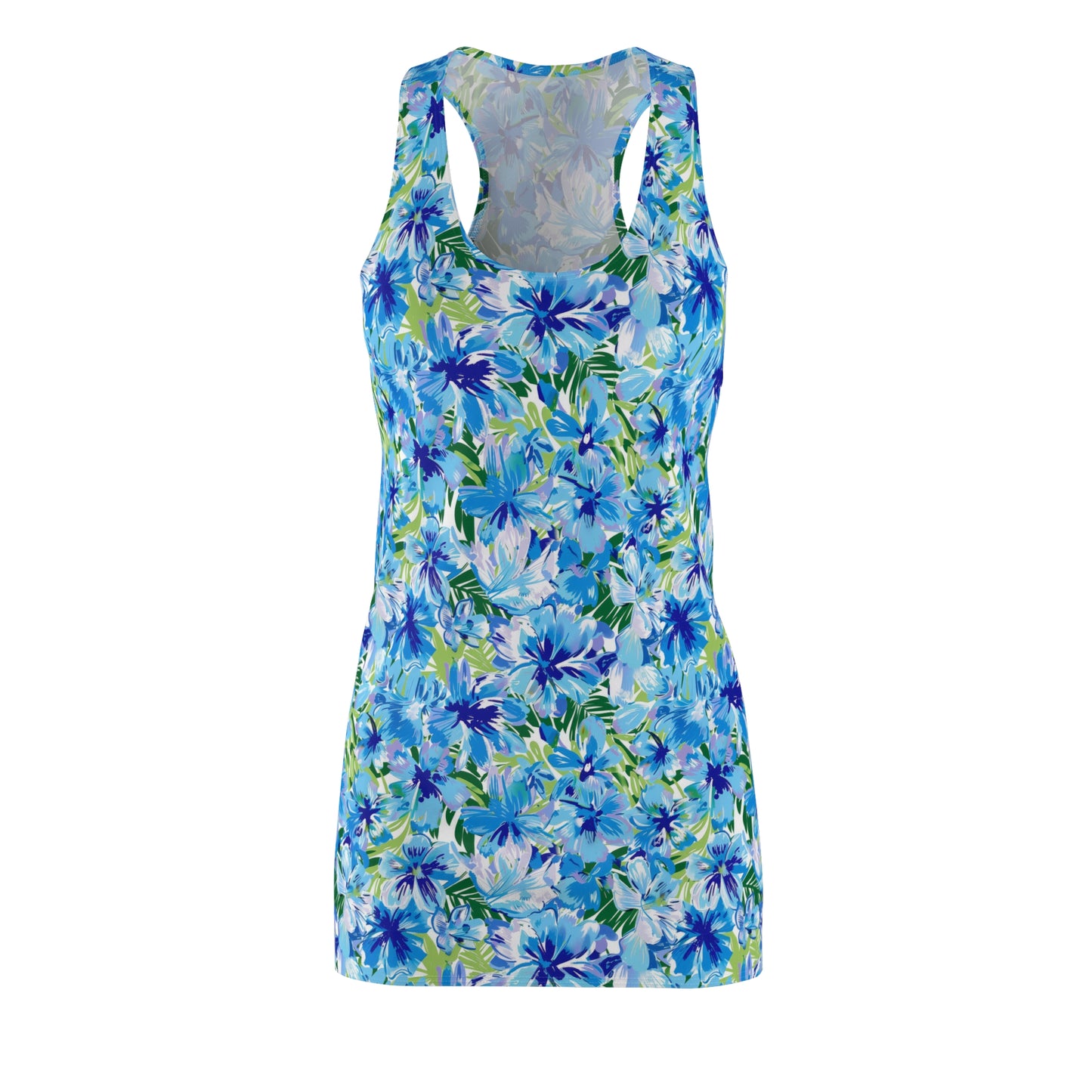 Azure Bloom Oasis: Bright Blue Large Flowers with Lush Green Palm Leaves Women's Racerback Dress XS - 2XL