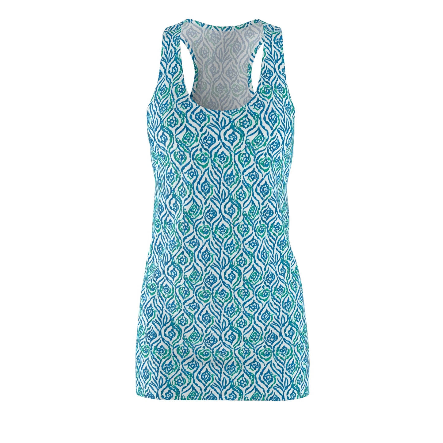 Cool Breeze Elegance: Abstract Damask Pattern in Green and Blue Women's Racerback Dress XS - 2XL