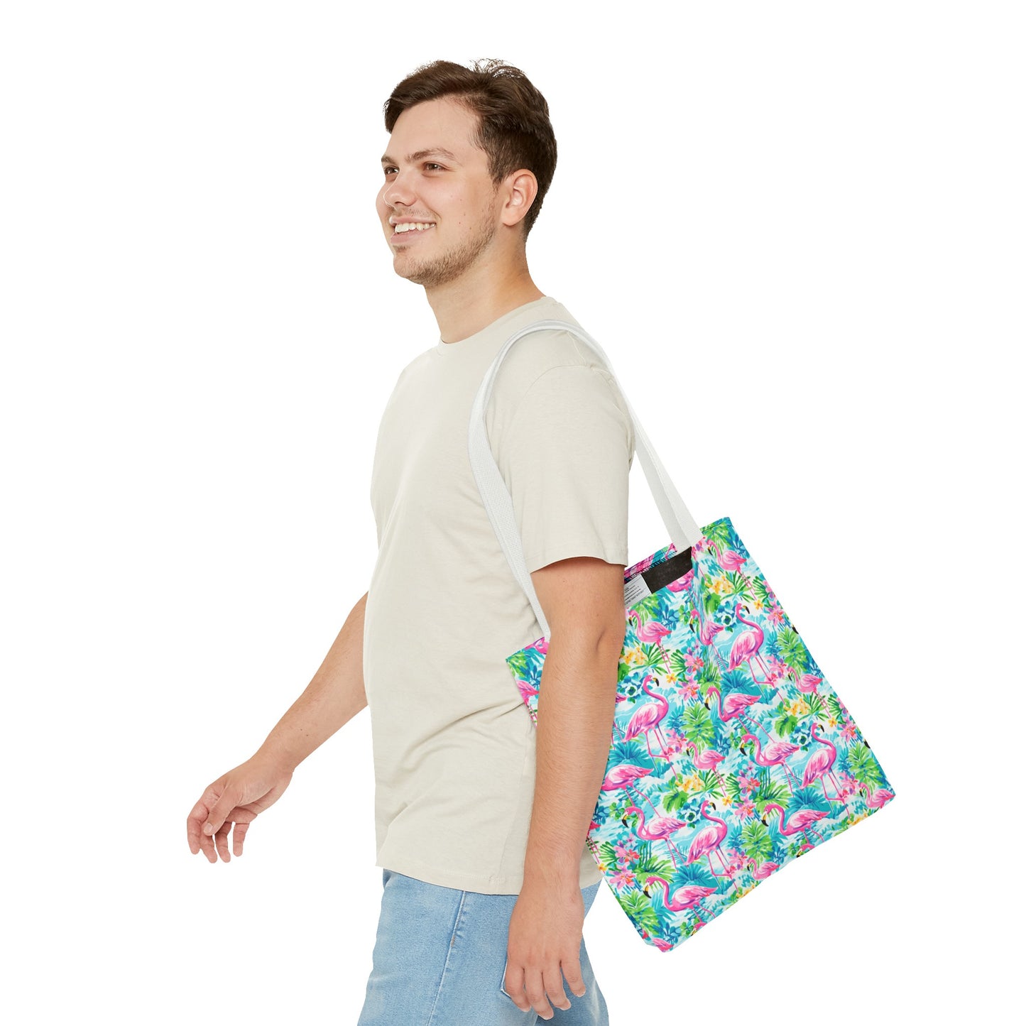 Tropical Flamingo Haven: Surrounded by Flowers and Palm Trees Canvas Tote Bag 3 Sizes